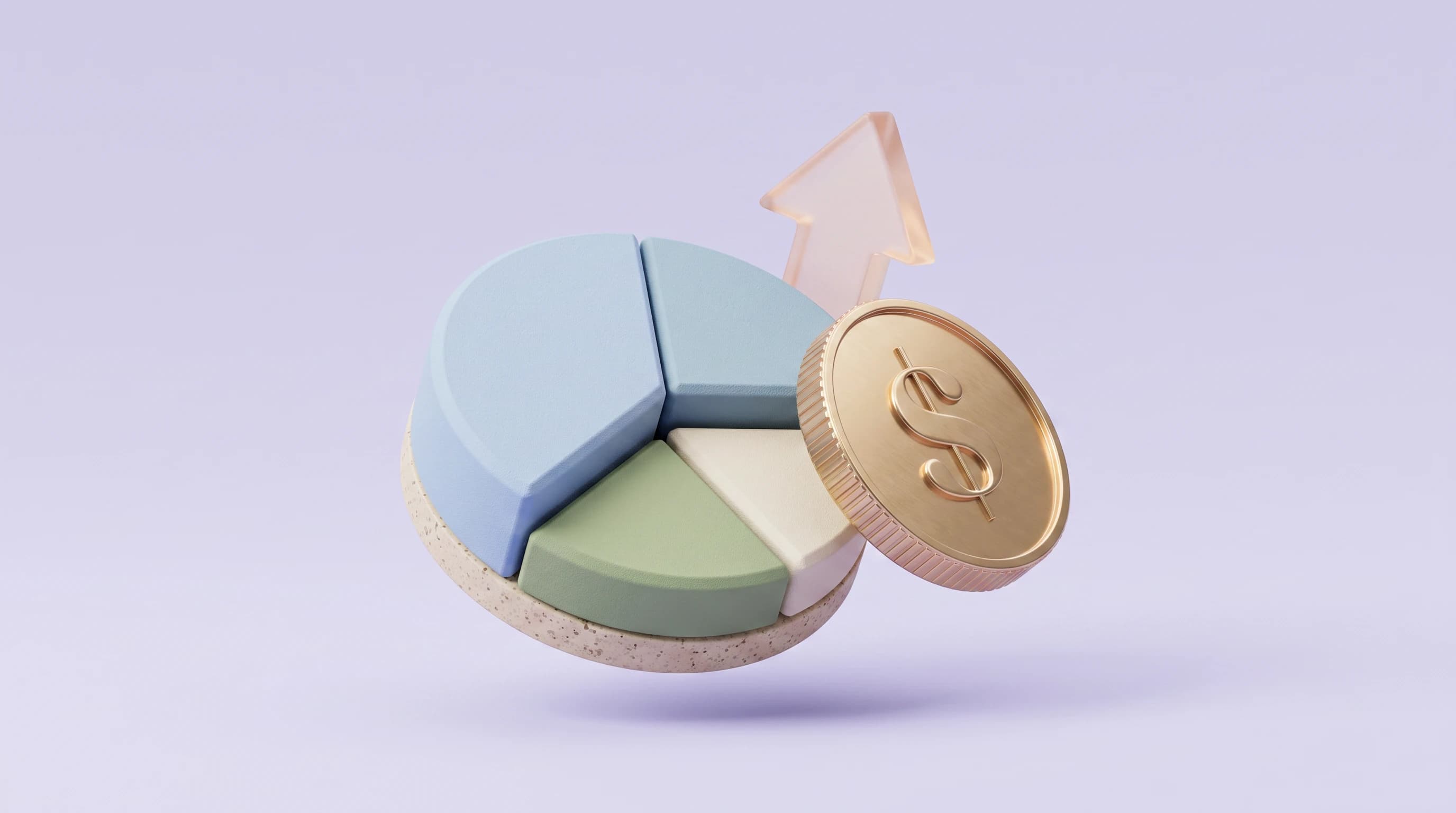 A chunky 3D pie chart beside a tilted maple leaf coin with an embossed dollar sign, a small upward arrow rising behind them in a balanced triangular cluster