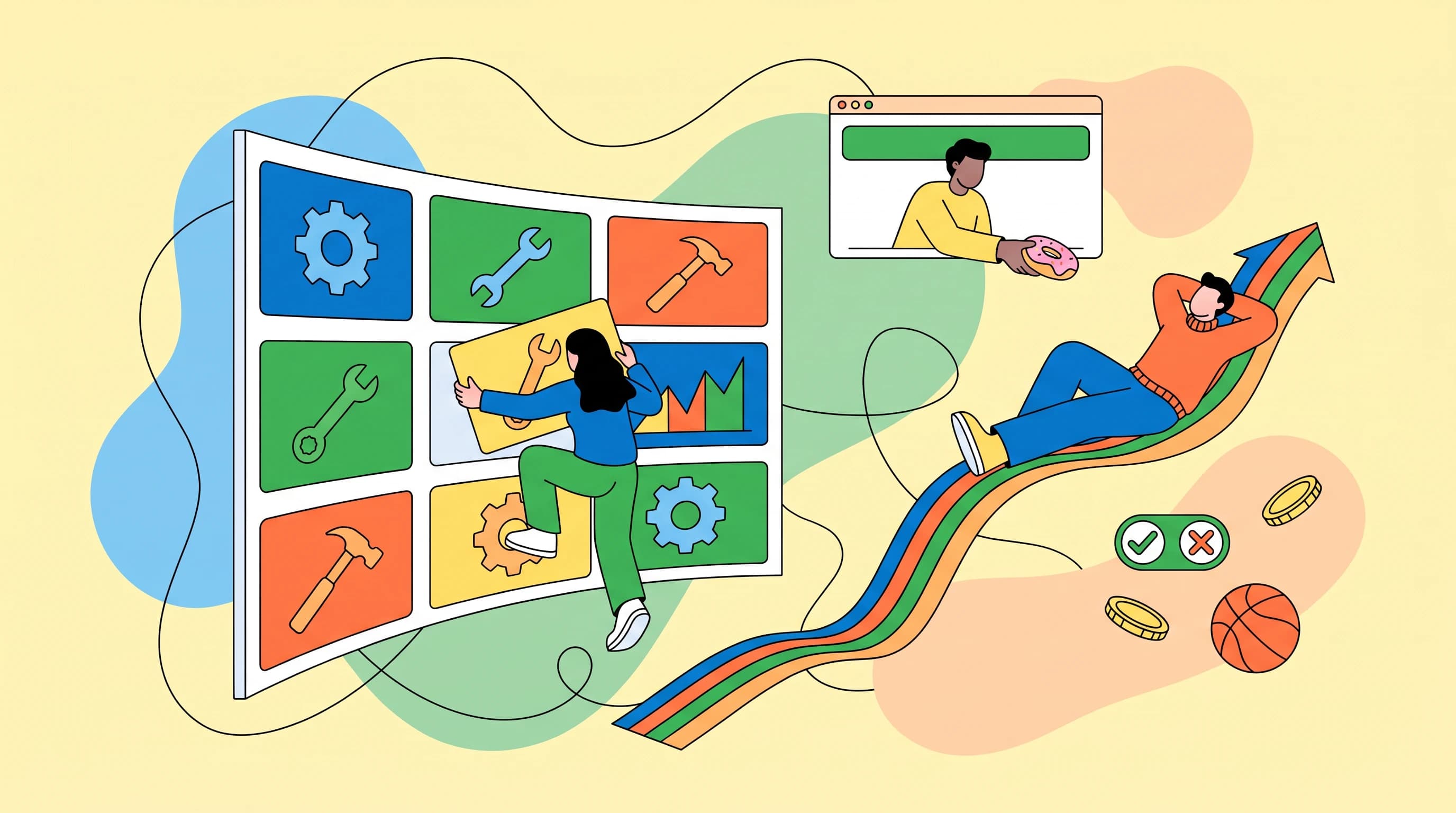 A central curved grid-wall of six ranked tool-tiles wraps in perspective, one figure climbing between its rows placing a tile into a gap; another reclines along a rising line-ribbon threading out of it, a third sits inside a floating browser window handing a donut slice across a void, checkmark toggle, coins and a basketball drifting past, thin wires looping over soft negative-space blobs.