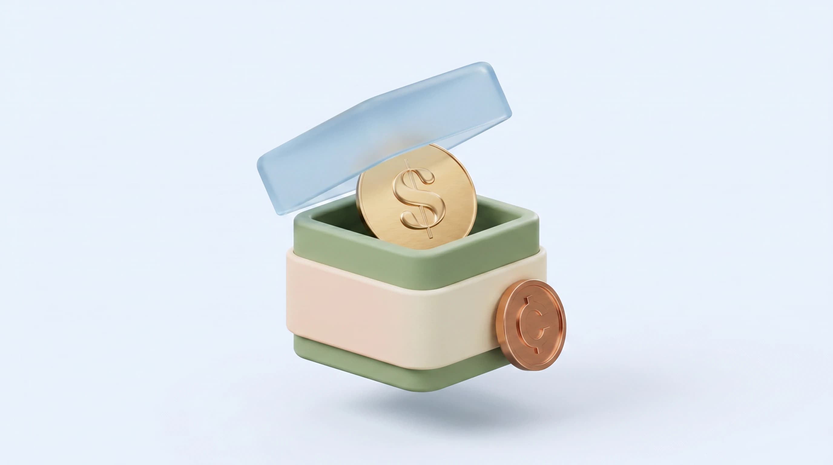 A gift box with its lid lifting to release a single dollar coin, a small crypto coin tucked beside the box's base.