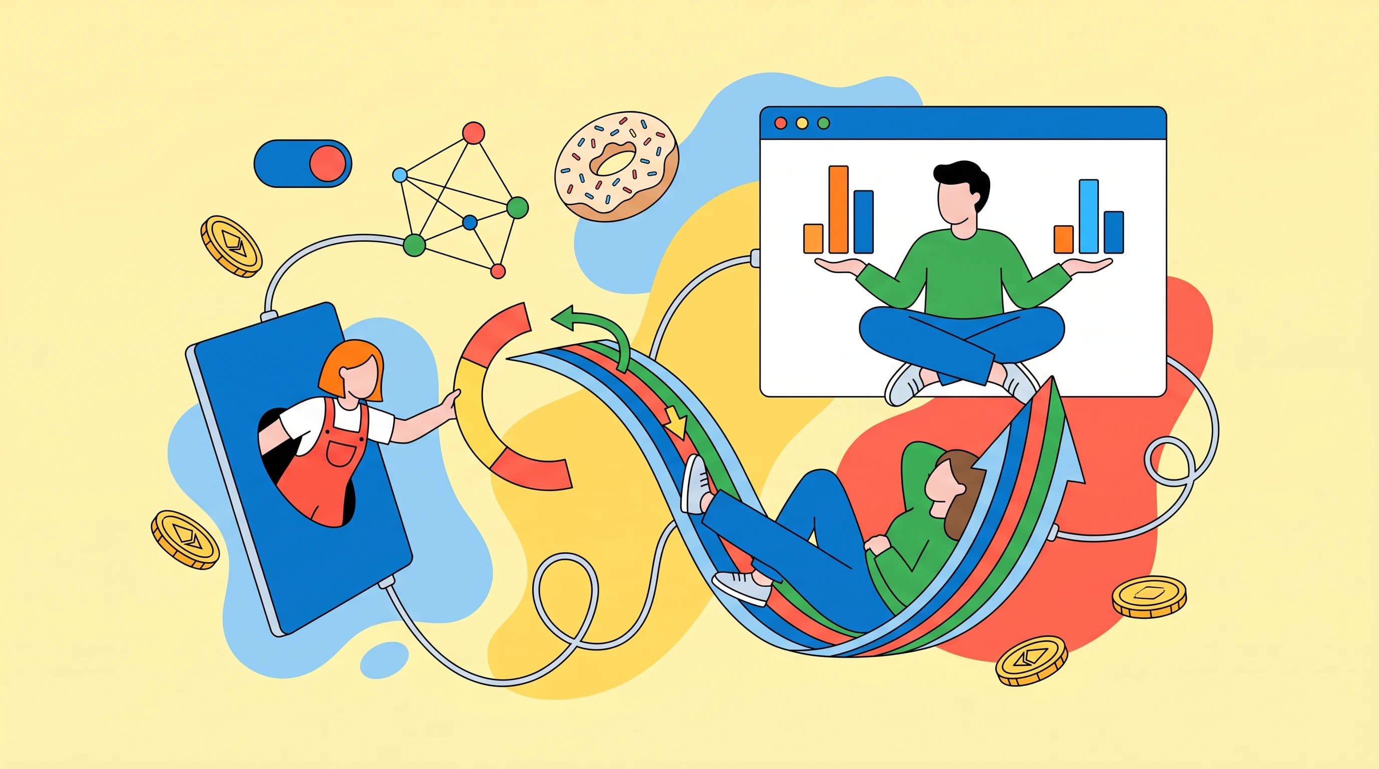 One figure reclines along a central upward-arcing probability ribbon that anchors the cluster, another sits inside an open browser window weighing two lopsided liquidity stacks in their palms, a third leans half-out of a tilted panel handing a curved spread-bracket across a gap; a donut, node-web, and toggle float, wires looping over soft blobs, coins drifting through.
