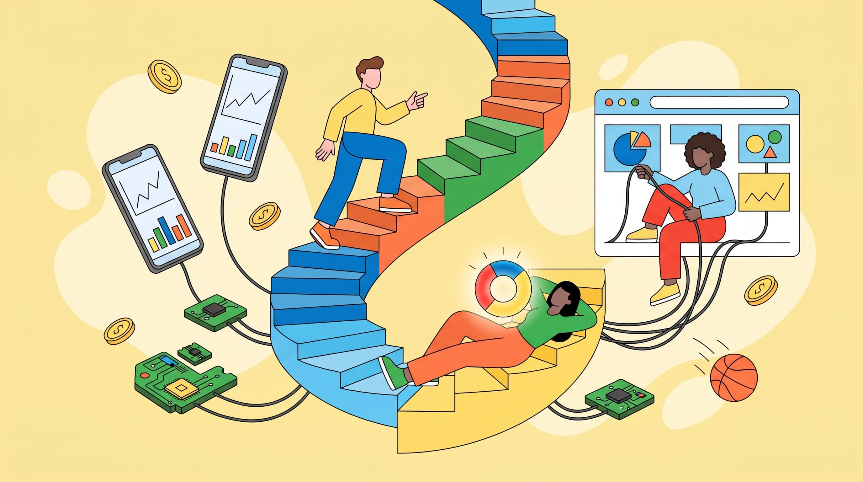 A central staircase-ribbon of ascending chart steps spirals through open space, one figure climbing it confidently while another reclines along its lower curve cradling a glowing donut chart; a third sits inside an open browser window threading wires outward to tilted phones, floating circuit-board platforms, scattered coins and a drifting basketball over soft rounded negative-space shapes.