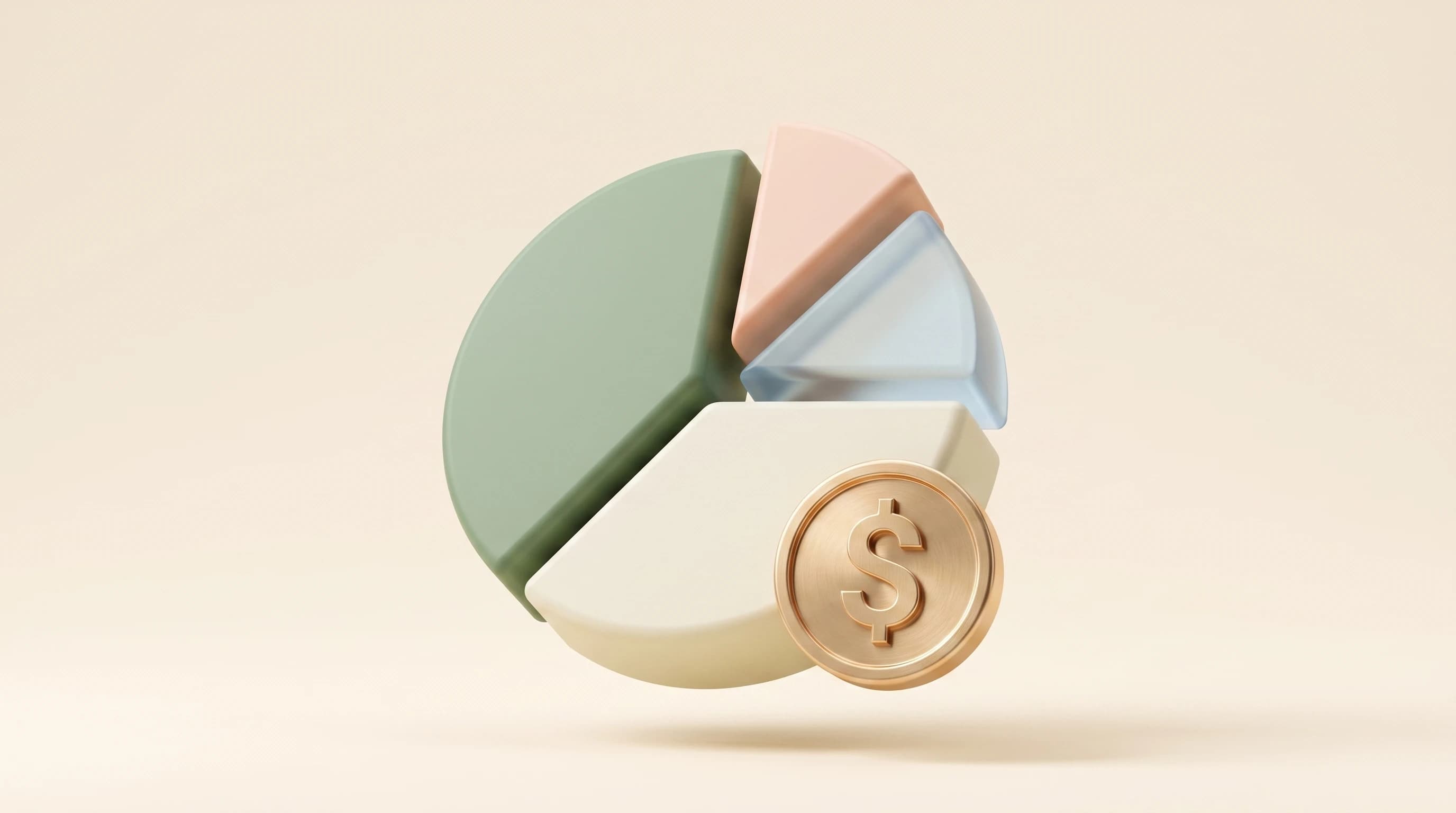 A chunky 3D pie chart with one wedge lifting slightly outward, a single embossed dollar coin resting against its base, arranged as a calm triangular cluster