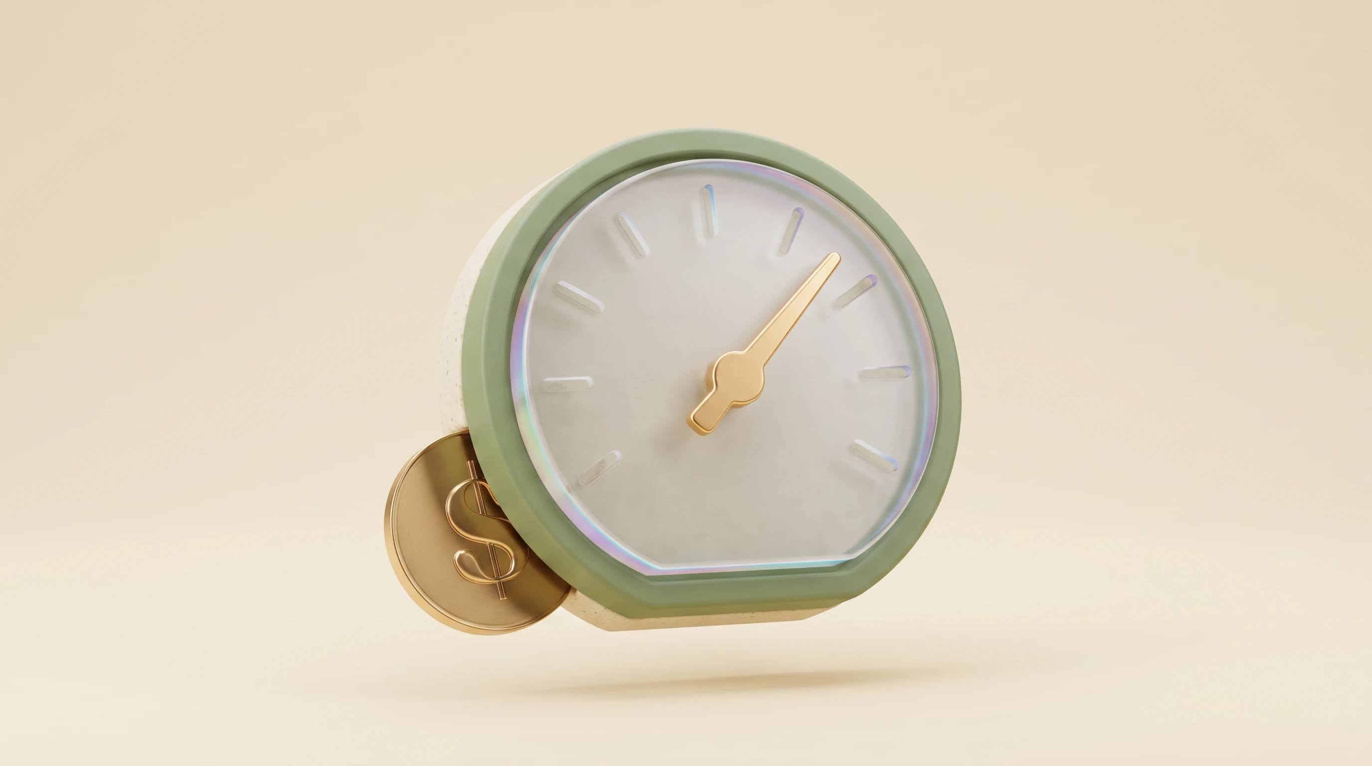 A gauge dial with its needle rising past center, a single dollar coin tucked slightly behind its lower edge, floating in a calm triangular grouping.
