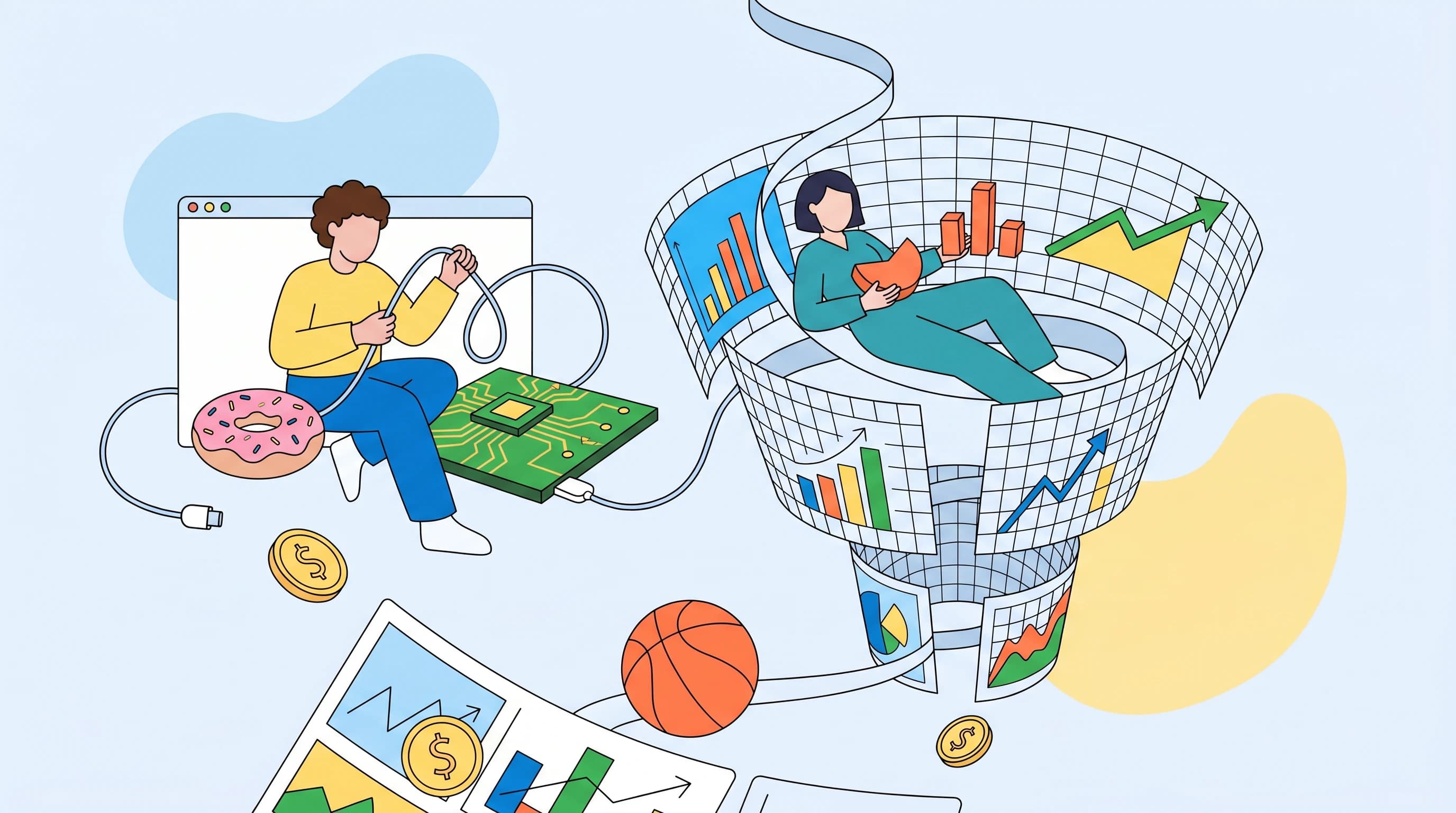 Flat editorial illustration of a line narrowing through a funnel of grids, representing avoiding sportsbook betting limits.