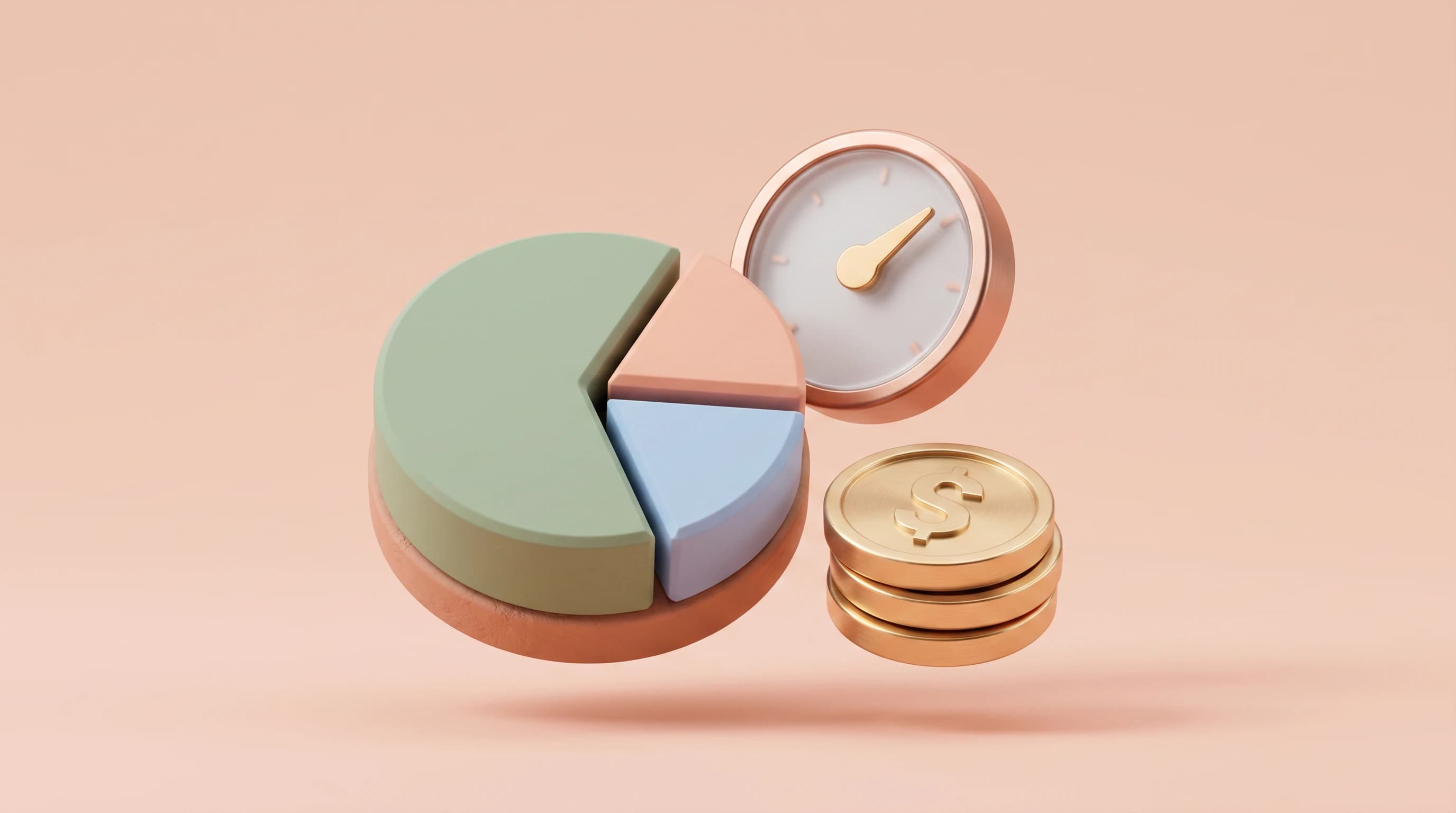 A chunky 3D pie chart resting beside a short stack of dollar coins, a small gauge dial tilting upward behind them in a triangular grouping