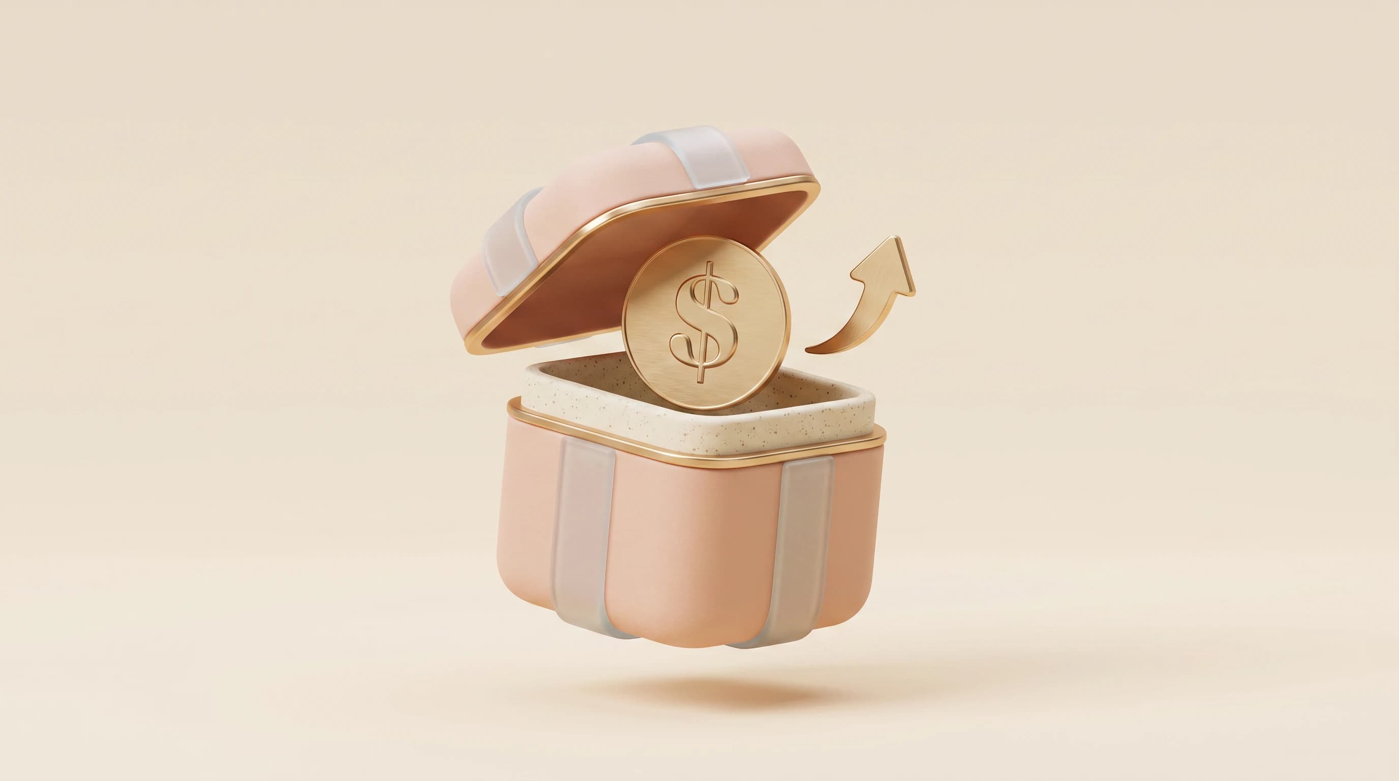A rounded gift box with its lid lifting to reveal a single dollar coin rising out, a small upward arrow curving beside them