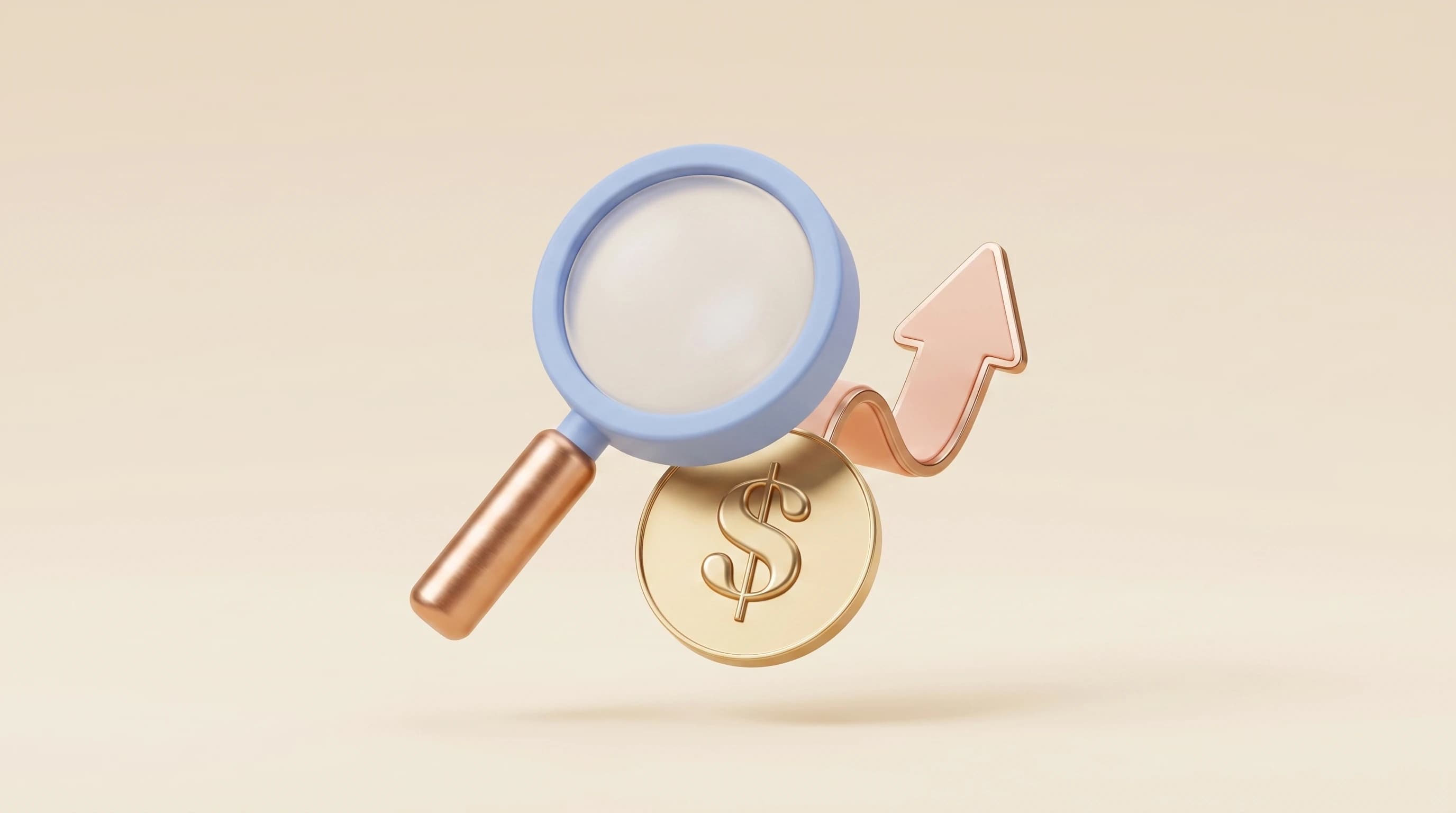 A chunky magnifying glass hovering over a single dollar coin, a small upward arrow ribbon curling up behind them in a balanced triangular cluster