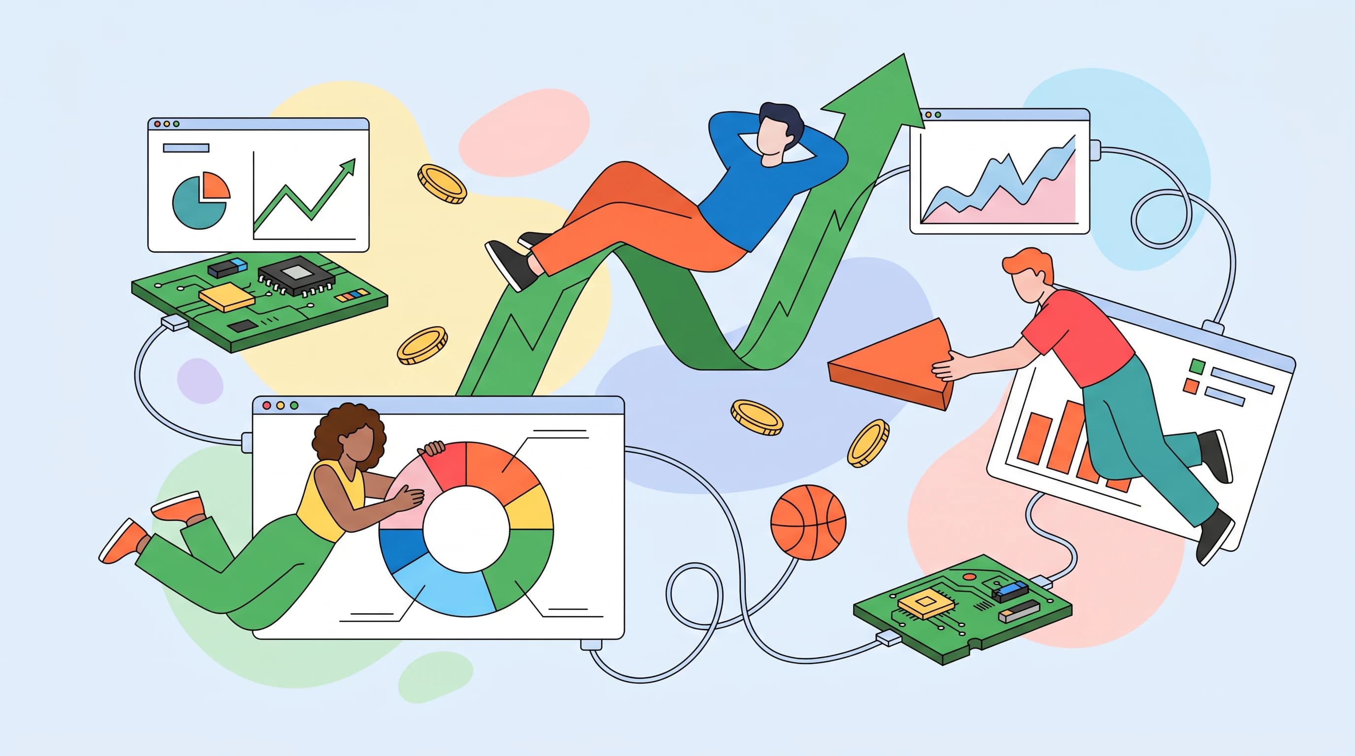 Flat editorial illustration of a figure reclining on a rising green graph beside charts and coins, representing the SmartStake positive EV tool.
