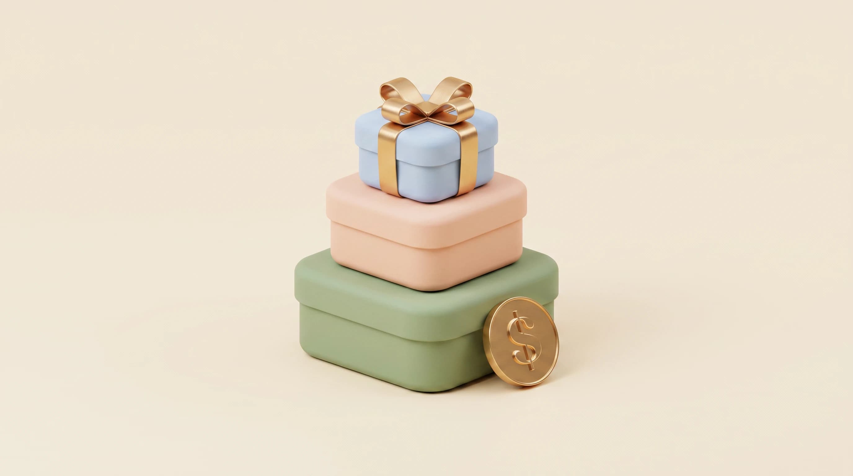 A small ordered stack of rounded gift boxes descending in size, the smallest box on top tied with a bow, one coin tucked beside the base