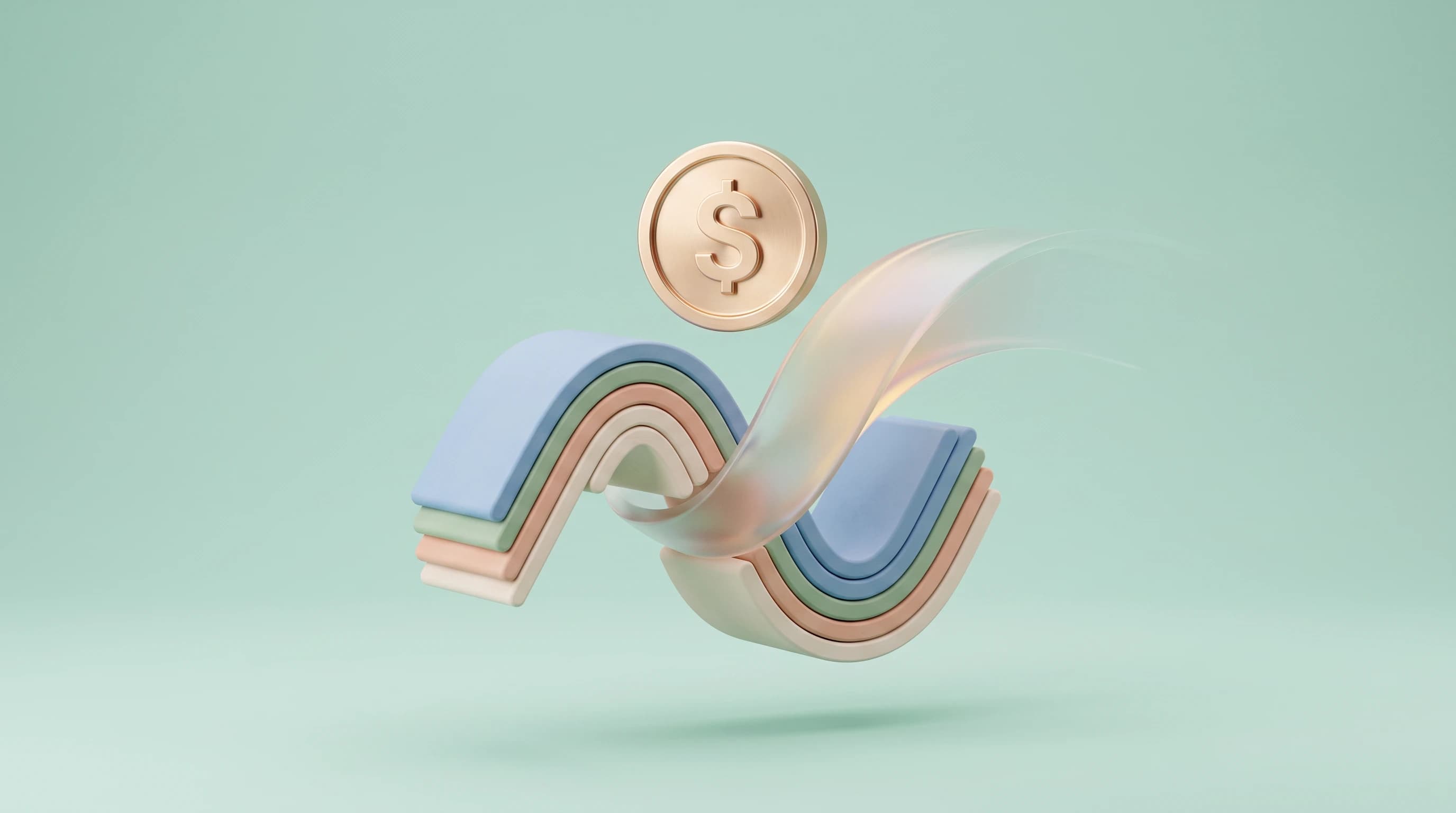 A curling line-graph ribbon splitting into two mirrored halves, one half fading away as a single clean coin rises between them