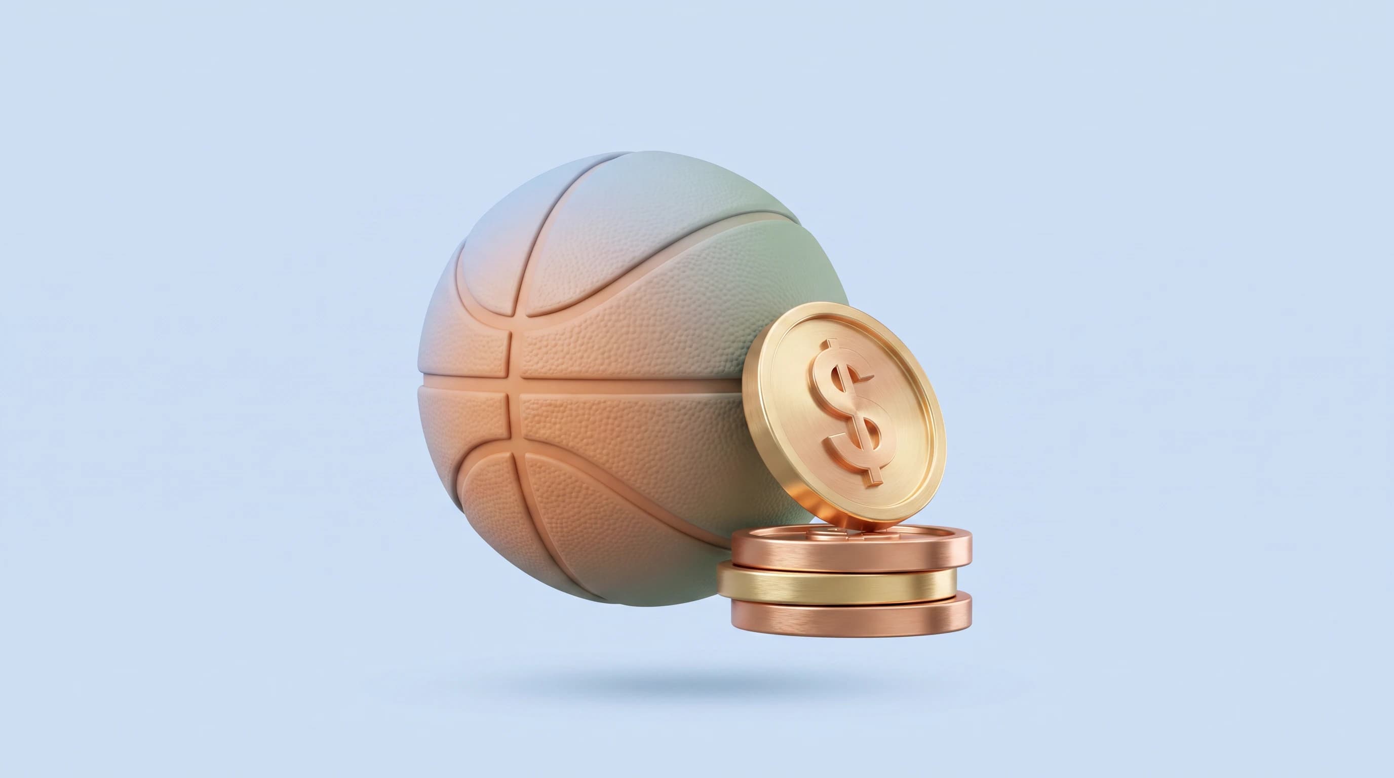 A single basketball resting beside a short stack of dollar coins, one coin tilted upright against the ball, arranged in a calm triangular cluster