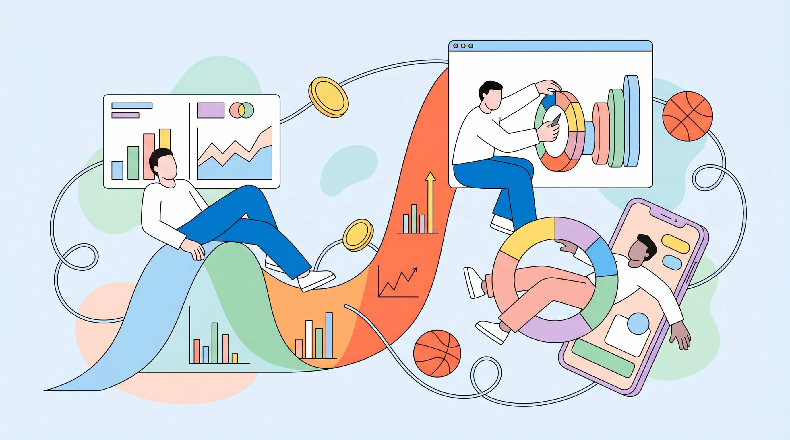 Flat editorial illustration of a probability ribbon rising from a price dial into stacked bars, representing converting Polymarket prices to betting odds.