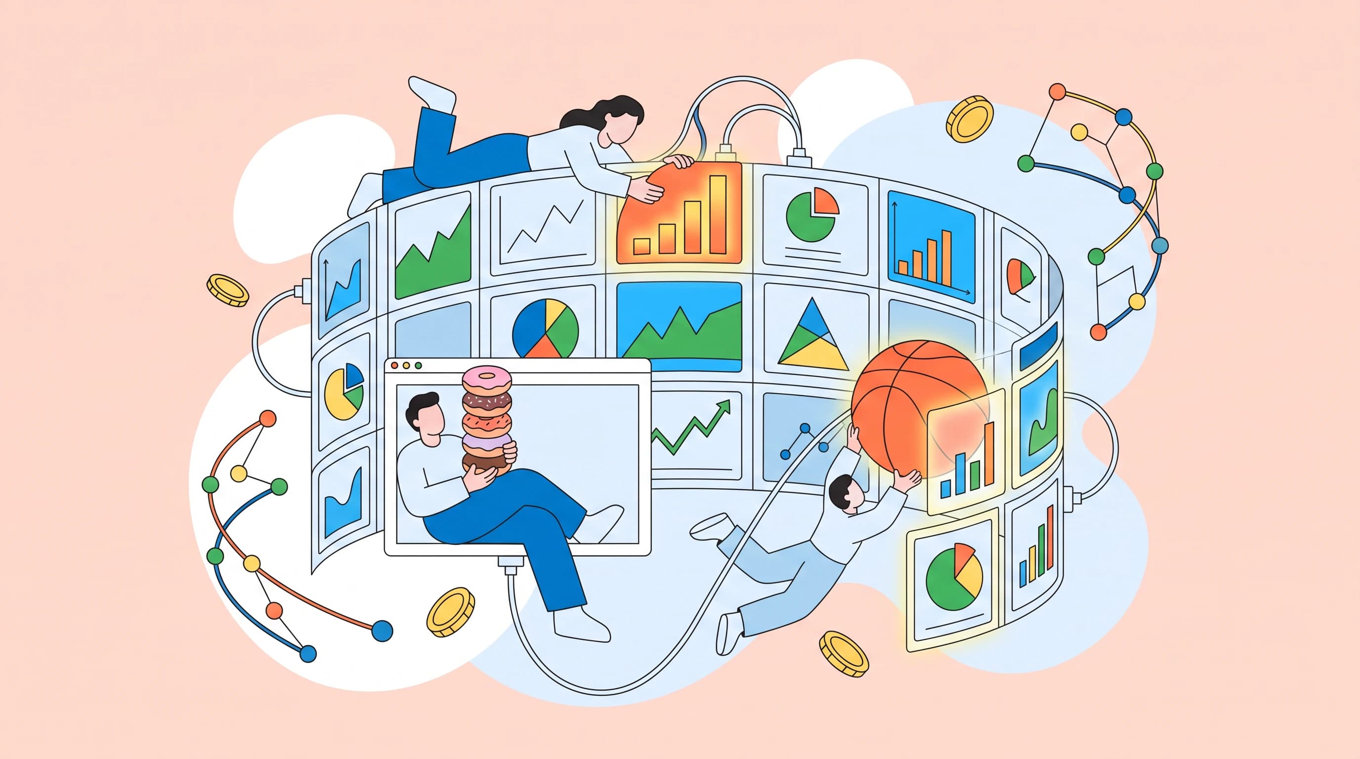A curving grid-wall of player-card tiles arcs as the central mass, one figure reclining along its top edge fitting a glowing bar-chart slice into place, another sitting inside an open browser window below cradling a stacked donut, a third drifting weightless threading a basketball between panels, coins and a curved node-diagram orbiting on looping wires over soft negative-space blobs.