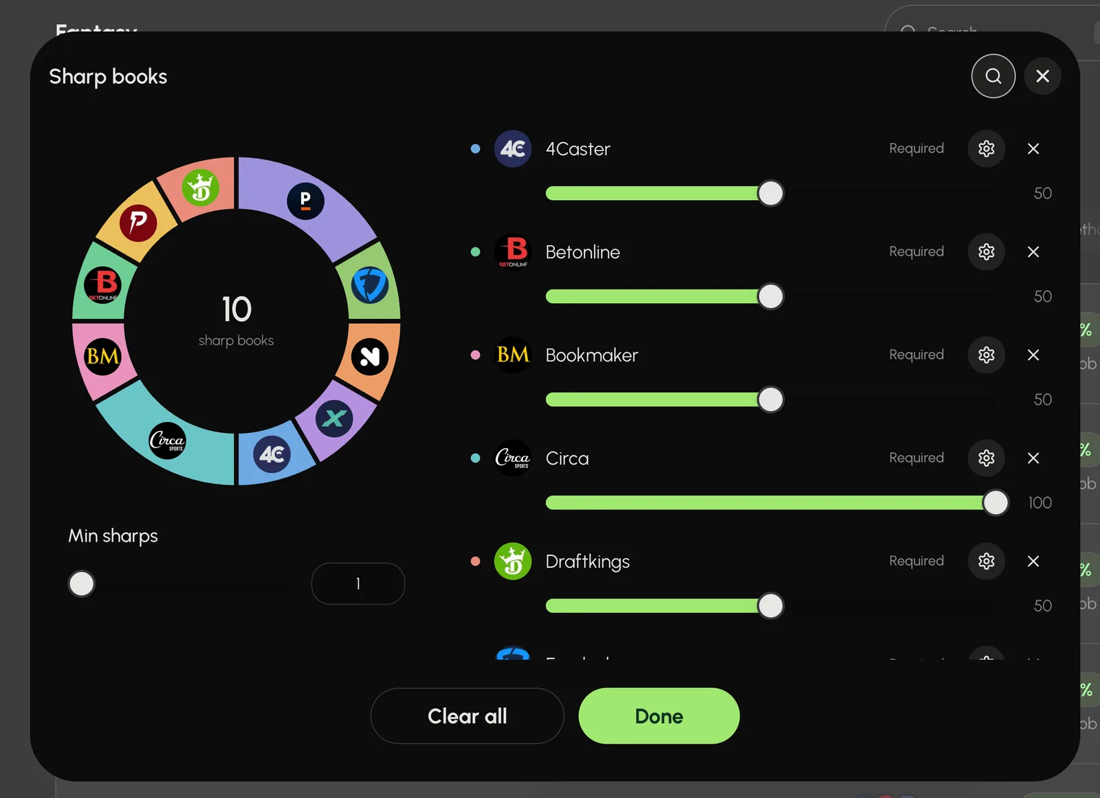Redesigned Sharp books menu with a visual breakdown of book weights, individual weight sliders, required-book controls, and minimum sharp books.