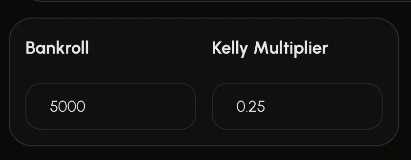 The bankroll and Kelly Multiplier settings on the SmartStake +EV tool.