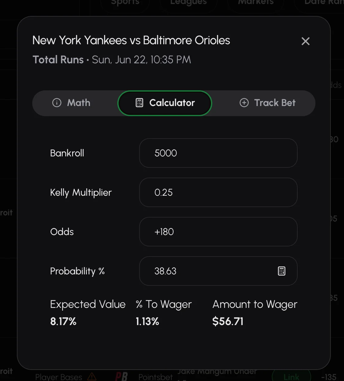 The SmartStake bet calculator modal, allowing users to adjust odds and bankroll.