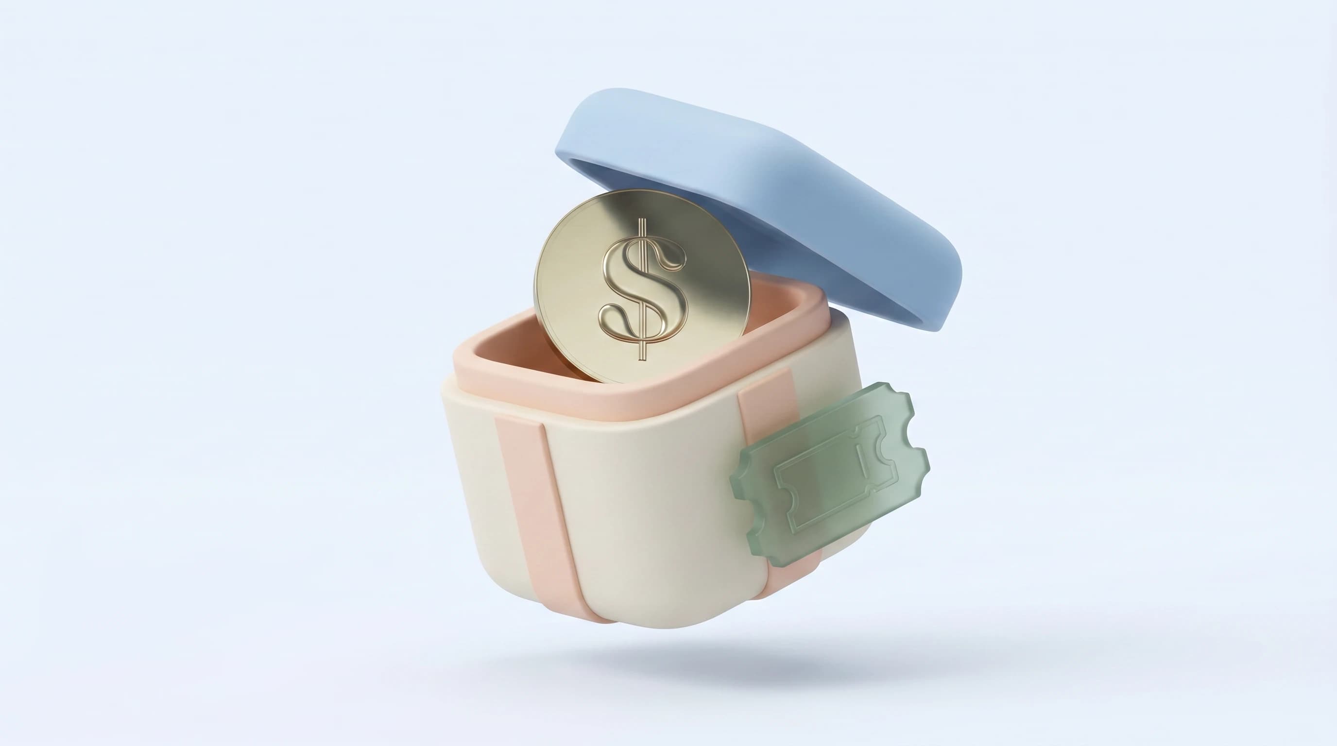A rounded gift box with its lid lifted, a single embossed dollar coin rising out, a small ticket tucked against the box's side.