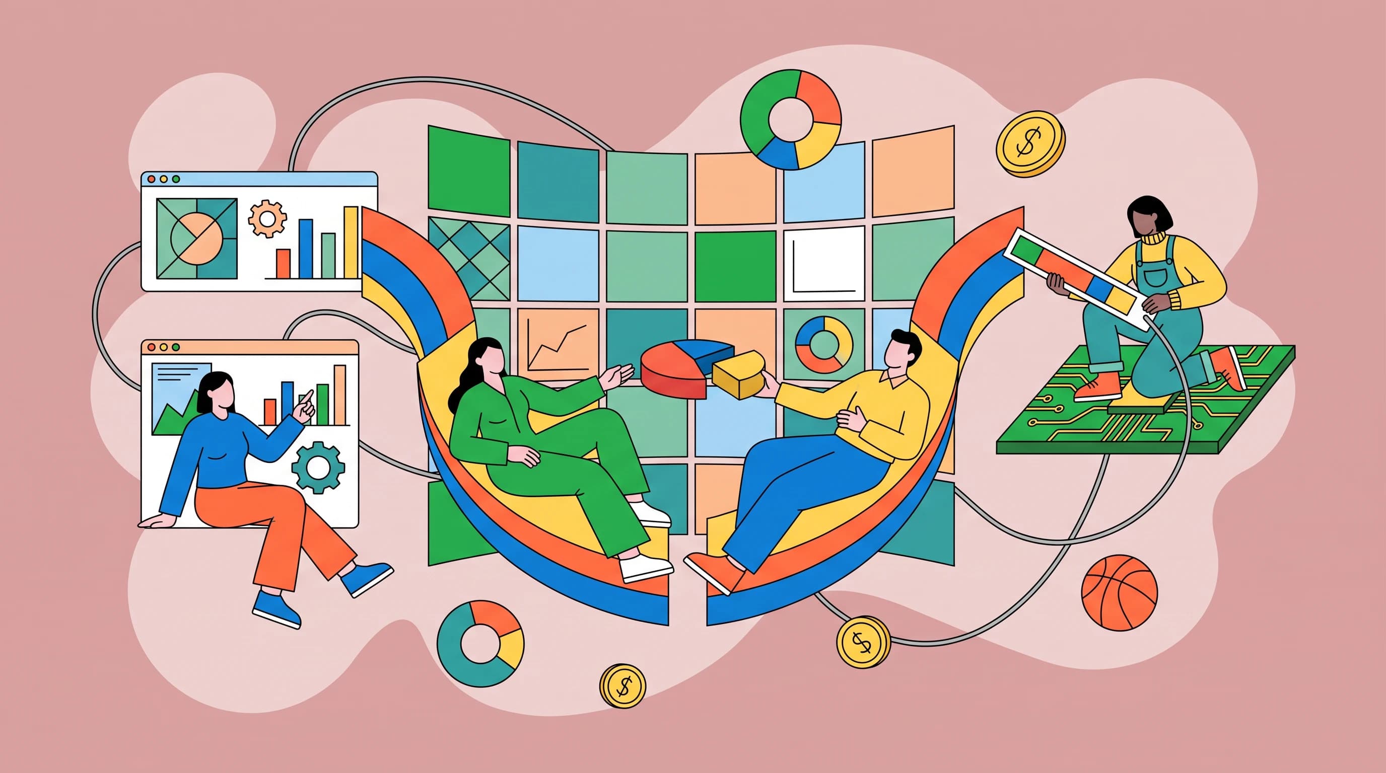 A central twin-column ribbon arcs through open space with two figures reclining along its balanced left and right halves, one passing a floating pie slice across the gap; a curved grid-wall of tiles wraps behind them, a figure sits inside an open browser window nearby, another perches on a circuit-board platform threading a bar segment into place, donut charts, coins and a basketball drift through the gaps, thin wires looping the cluster over soft rounded negative-space blobs.