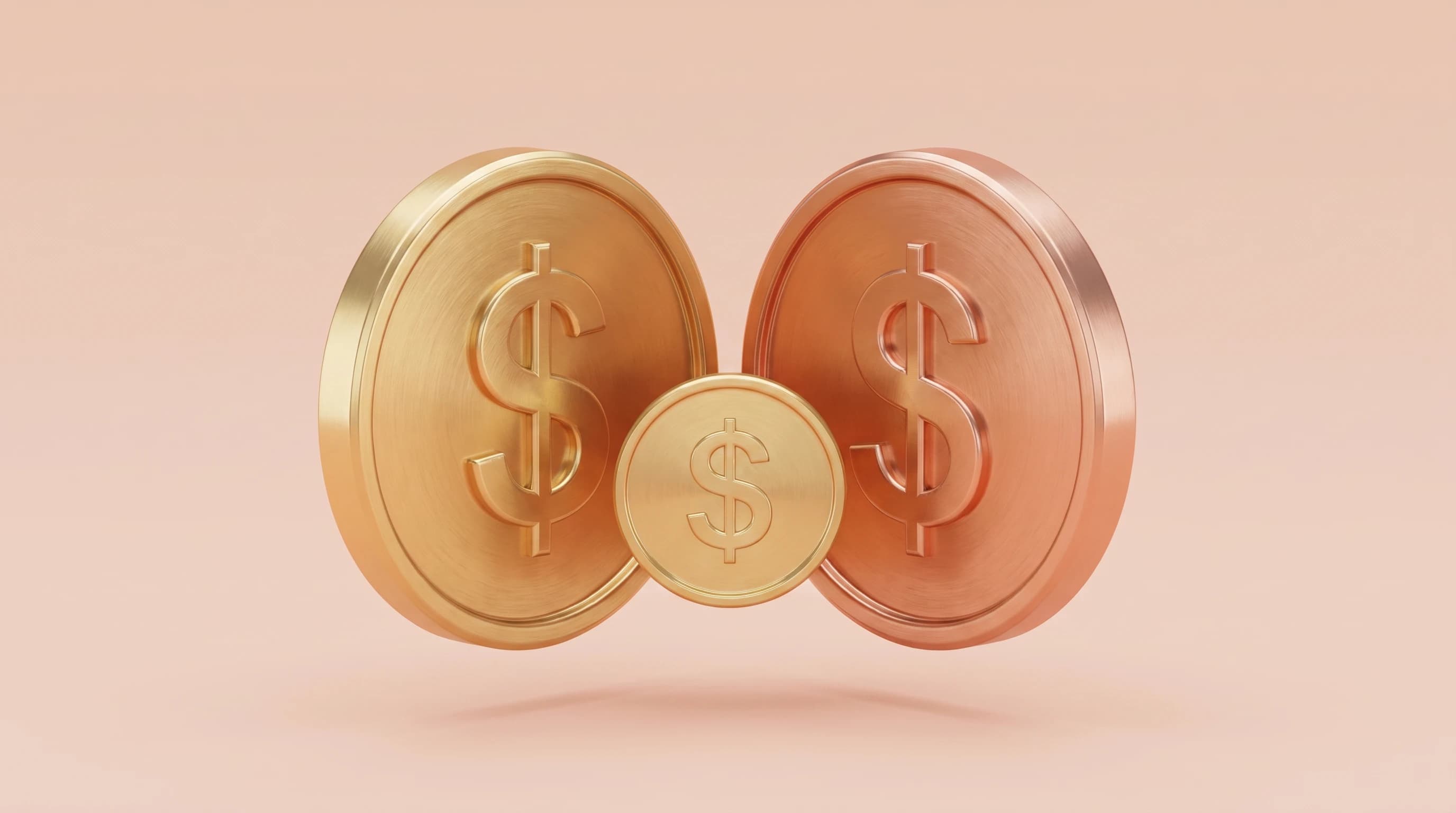 Two coins facing each other across a narrow gap with a smaller coin nestled centered in the space between them, arranged as a shallow triangular cluster.