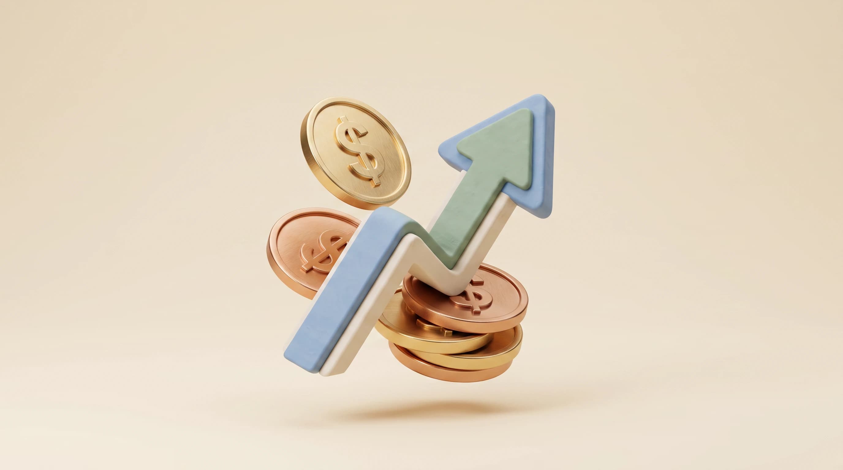 A single upward arrow piercing through a stack of dollar coins, one coin lifting away and tilting slightly at the top of the cluster.