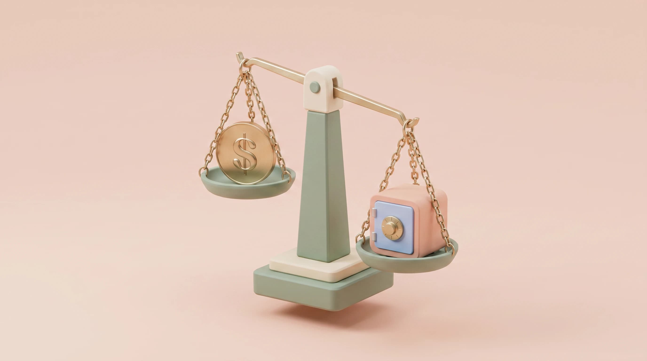 A balance scale with a coin resting on one raised pan and a small vault occupying the other lowered pan, arranged in a calm triangular grouping.