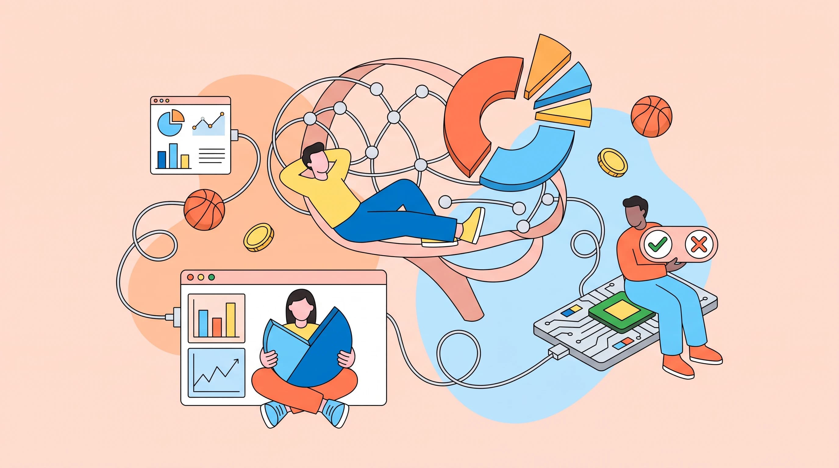 One figure reclines along a towering central line ribbon arcing upward through a node-diagram brain of looping wires, another sits inside an open browser window cradling a bar-chart slice, a third perches on a floating circuit-board platform holding a checkmark-versus-cross toggle; a donut chart bursts into tilted slices, basketballs and coins drift between panels over soft blobs.
