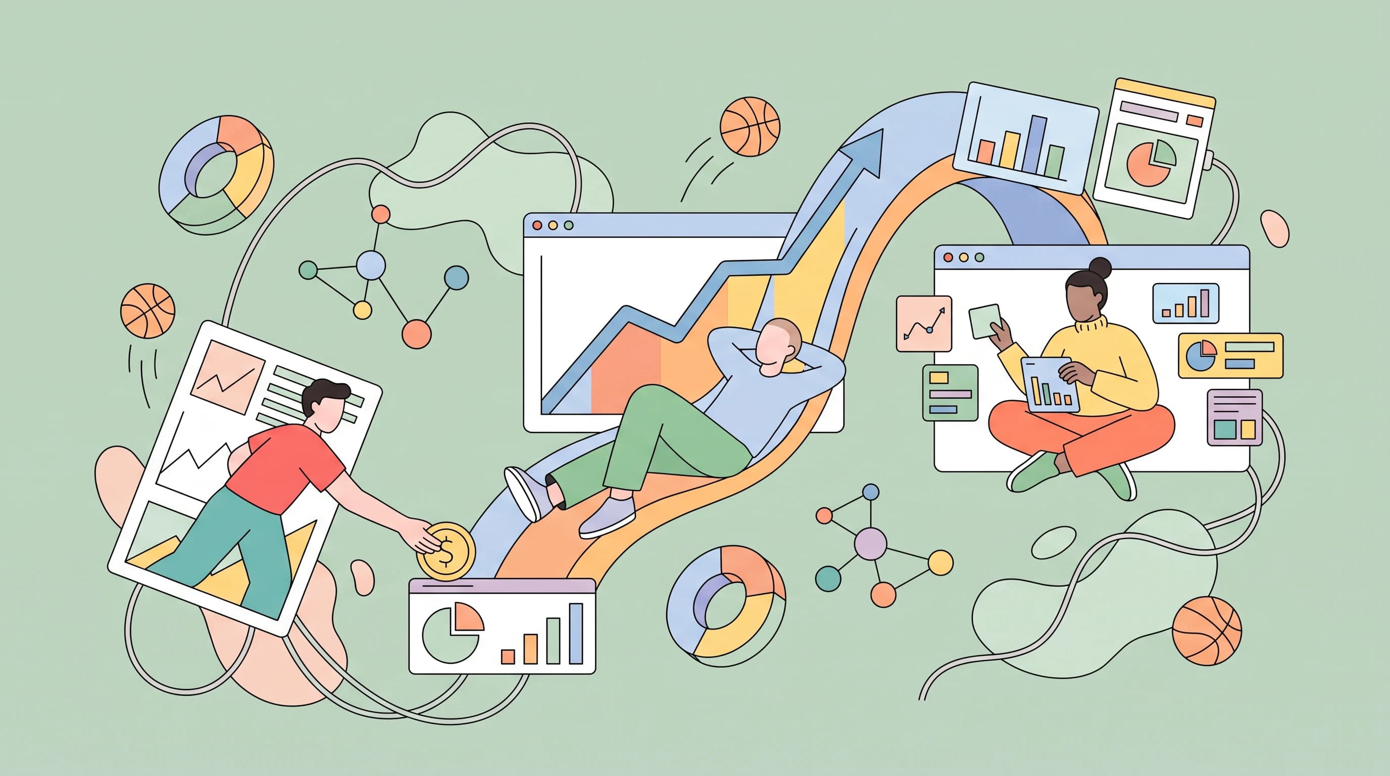 One figure reclines along a soaring performance ribbon that arcs upward as the central mass, tracing a rising profit curve; another sits cross-legged inside an open browser window sorting floating stat-tiles, a third leans out of a tilted panel handing a coin across a gap; donut wheels, node clusters and drifting basketballs orbit, wires looping over soft blobs.