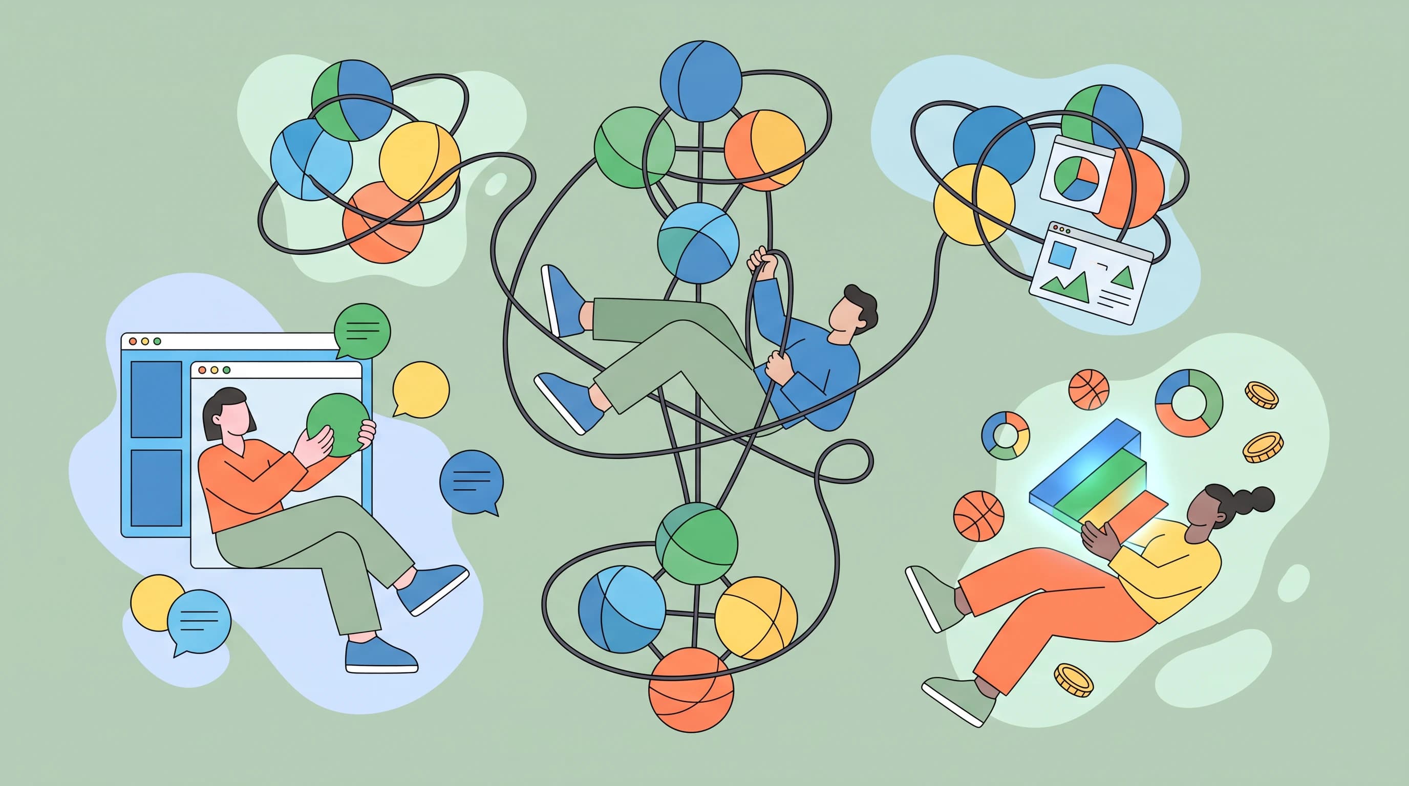 Flat illustration of three blank-faced figures among ten linked community spheres, a browser window of chat bubbles, and floating charts and coins