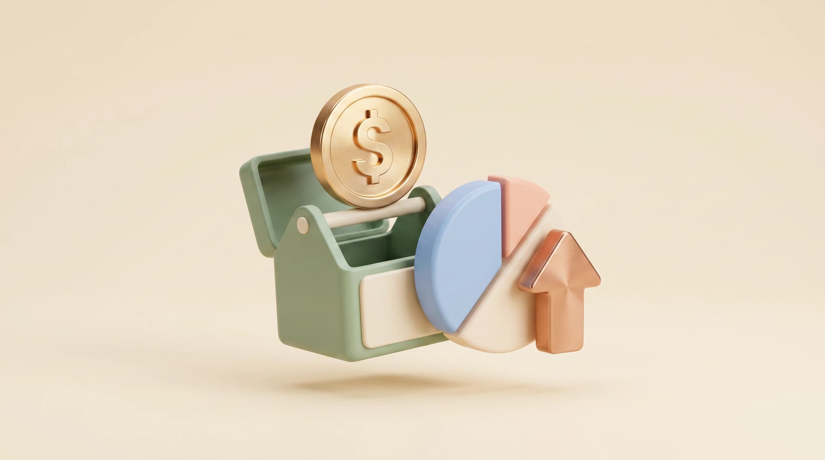 A small toolbox with a chunky pie chart, an upward arrow, and a dollar coin rising from its open top, arranged in a balanced triangular cluster
