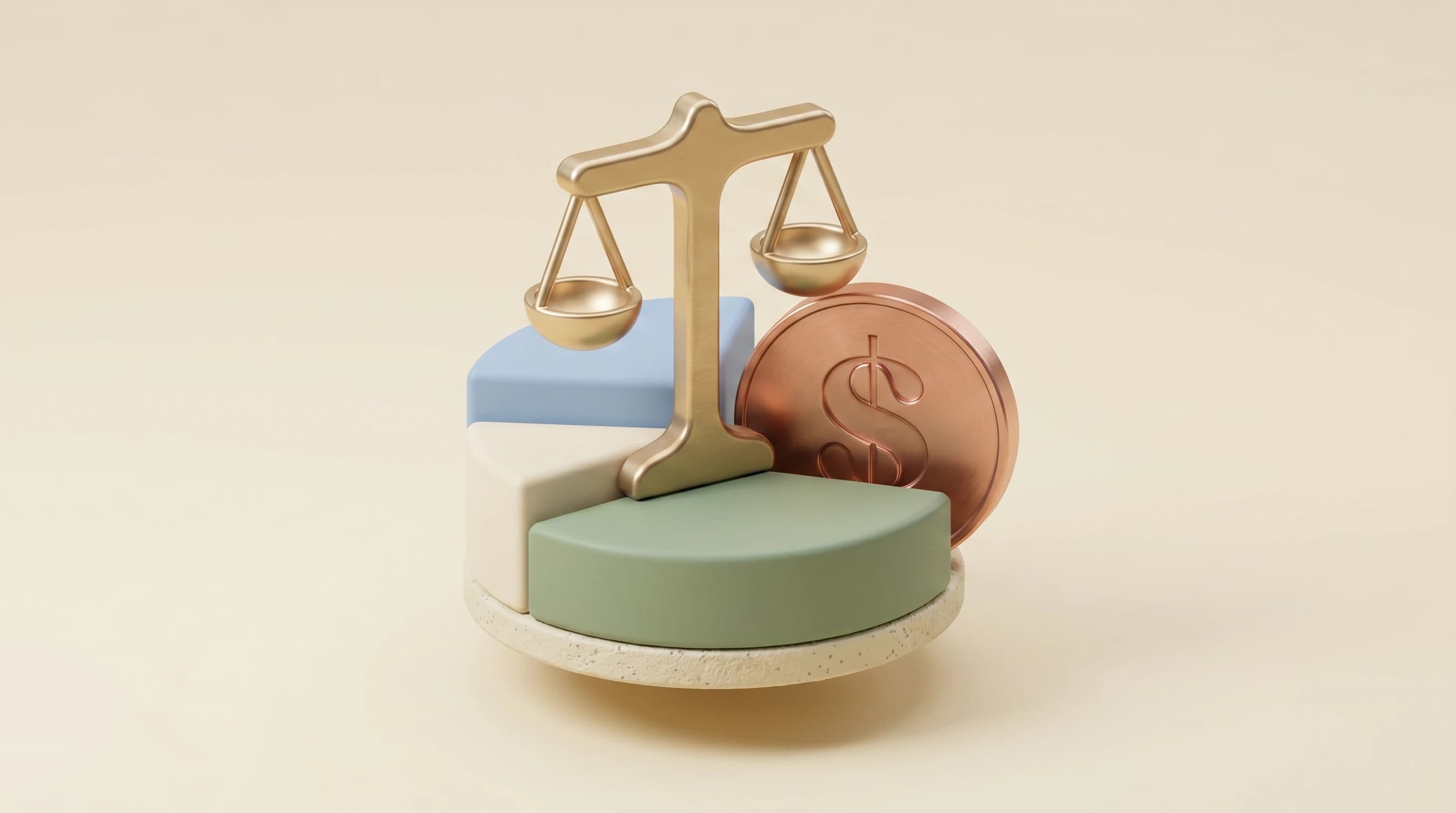 A chunky three-tier 3D pie chart with a balance scale resting on top and a single embossed dollar coin tucked behind, arranged as a calm triangular cluster