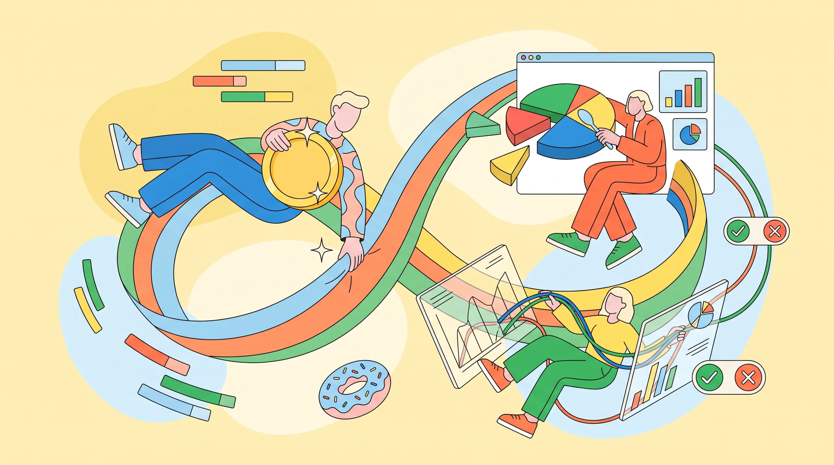 A flat illustration of blank faced figures balancing a coin on a looping ribbon graph, splitting a pie in a browser window, and wiring tilted panels together