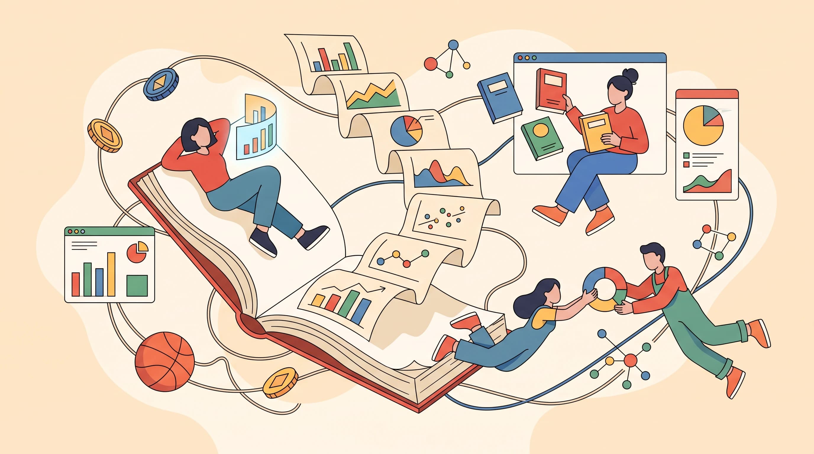 Flat illustration of an open book rising into a staircase of chart pages, with three blank-faced figures reading, sorting, and passing charts among floating coins