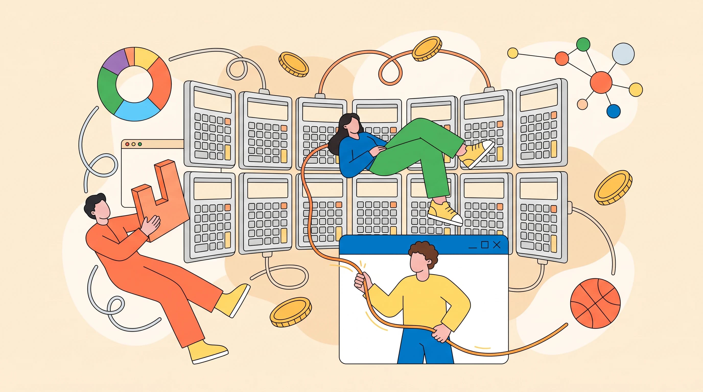 A flat illustration of a curved wall of calculator tiles, with blank faced figures wiring one tile to the next among floating charts and coins