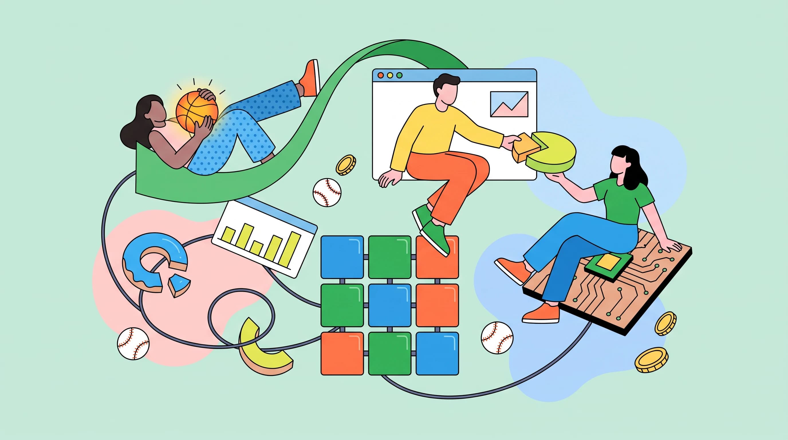 Flat illustration of blank-faced figures around a bracket grid of tiles and a rising auction ribbon, handing a pie slice across a browser window.