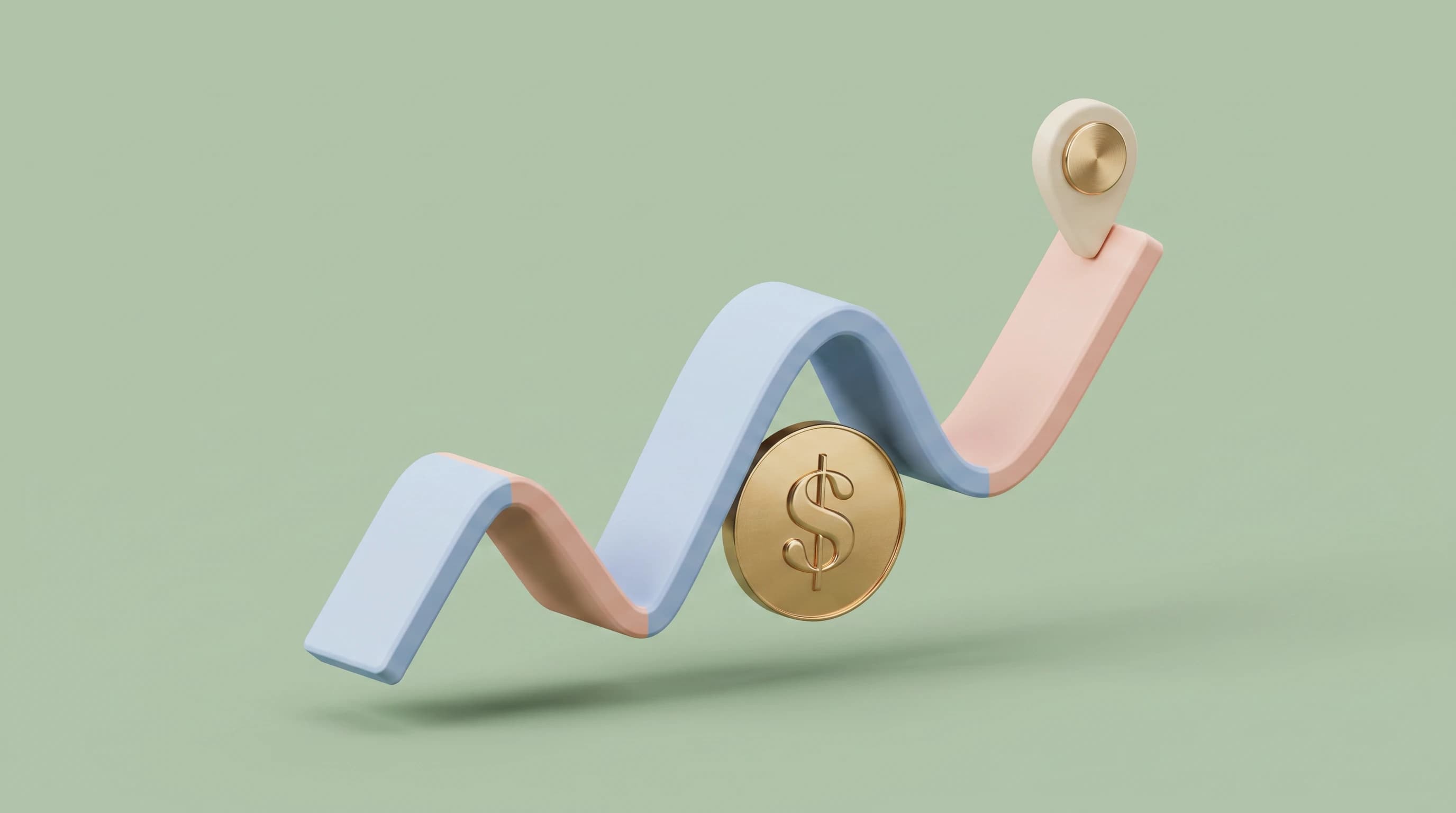 A curling line-graph ribbon rising toward a small pinned marker, one dollar coin nested beneath the arc where the two points diverge