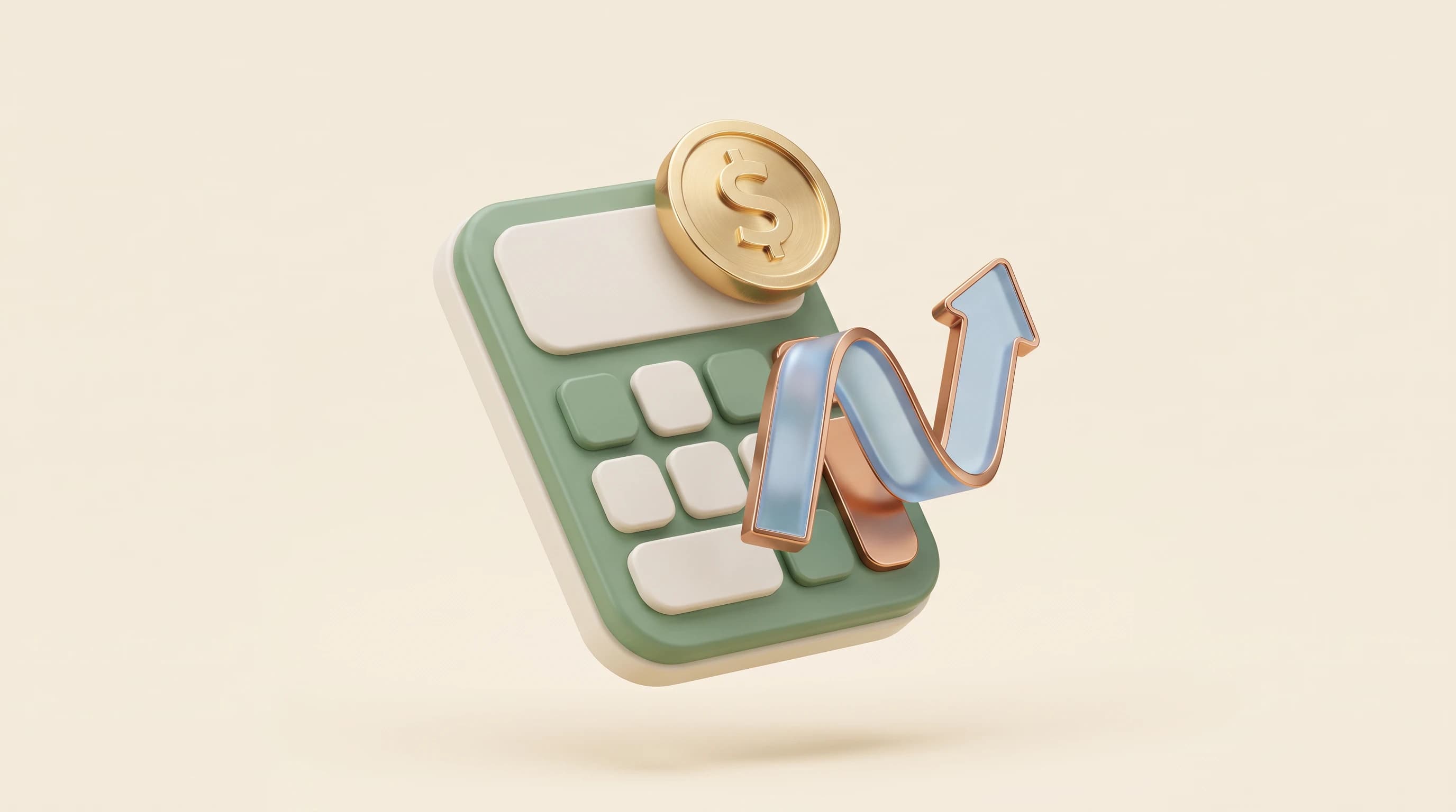 A rounded handheld calculator with a single embossed dollar coin resting on its upper edge and a small curling line-graph ribbon arcing upward beside it.