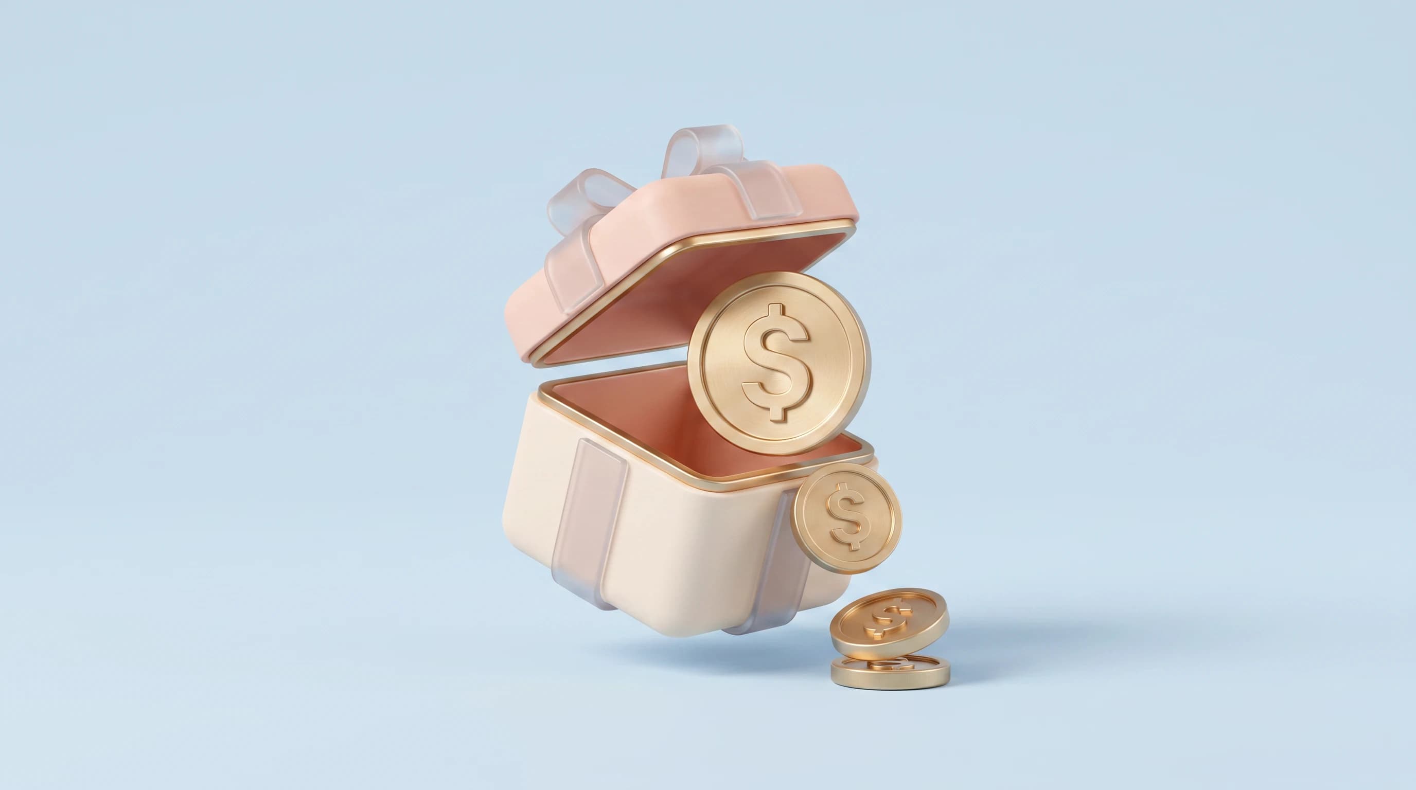 A gift box with its lid lifting to release a single dollar coin, a smaller coin settling below the box in a balanced triangular cluster