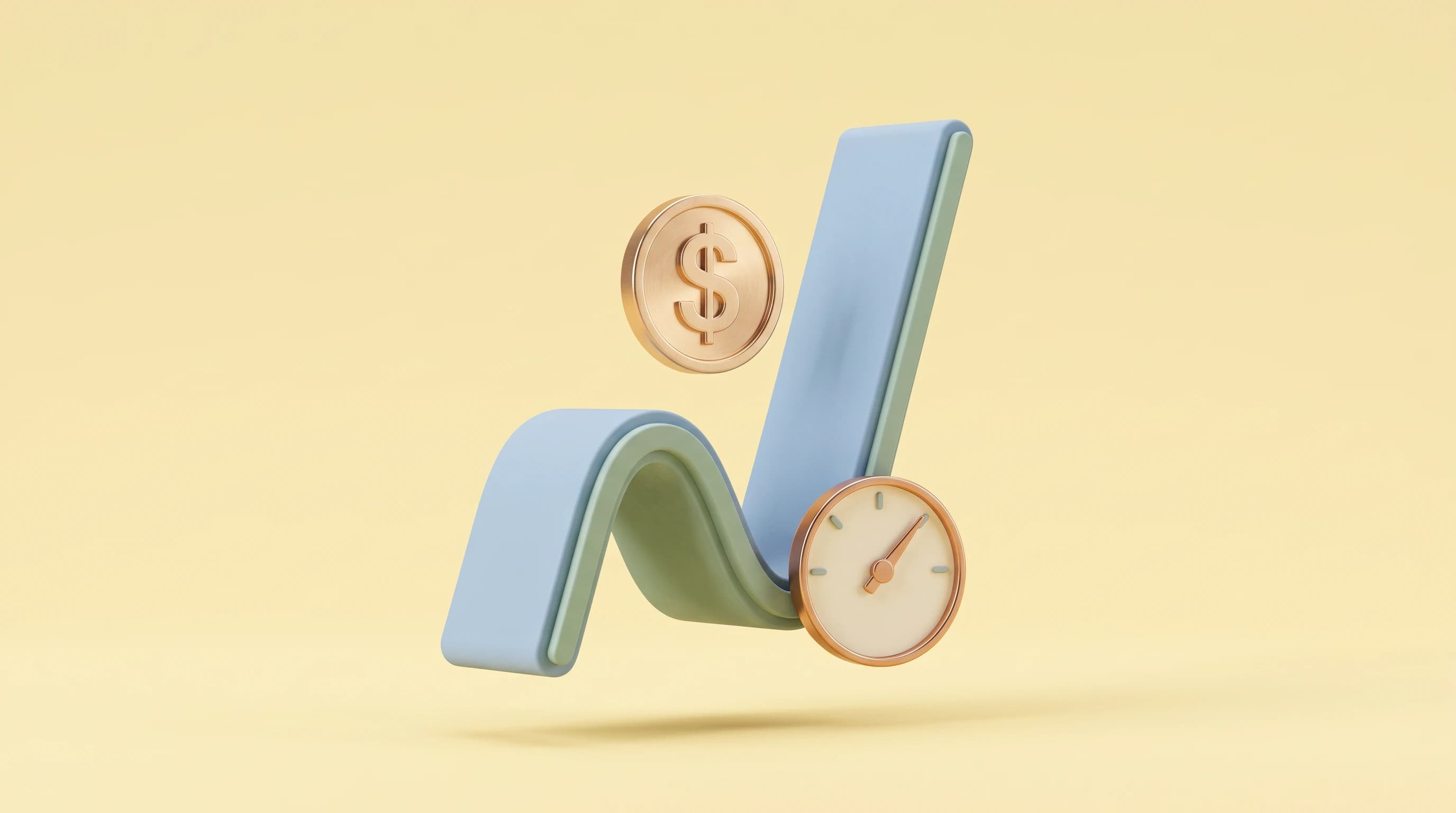 A curling line-graph ribbon arcing upward past a single dollar coin, a small gauge dial nested below the ribbon's rising end