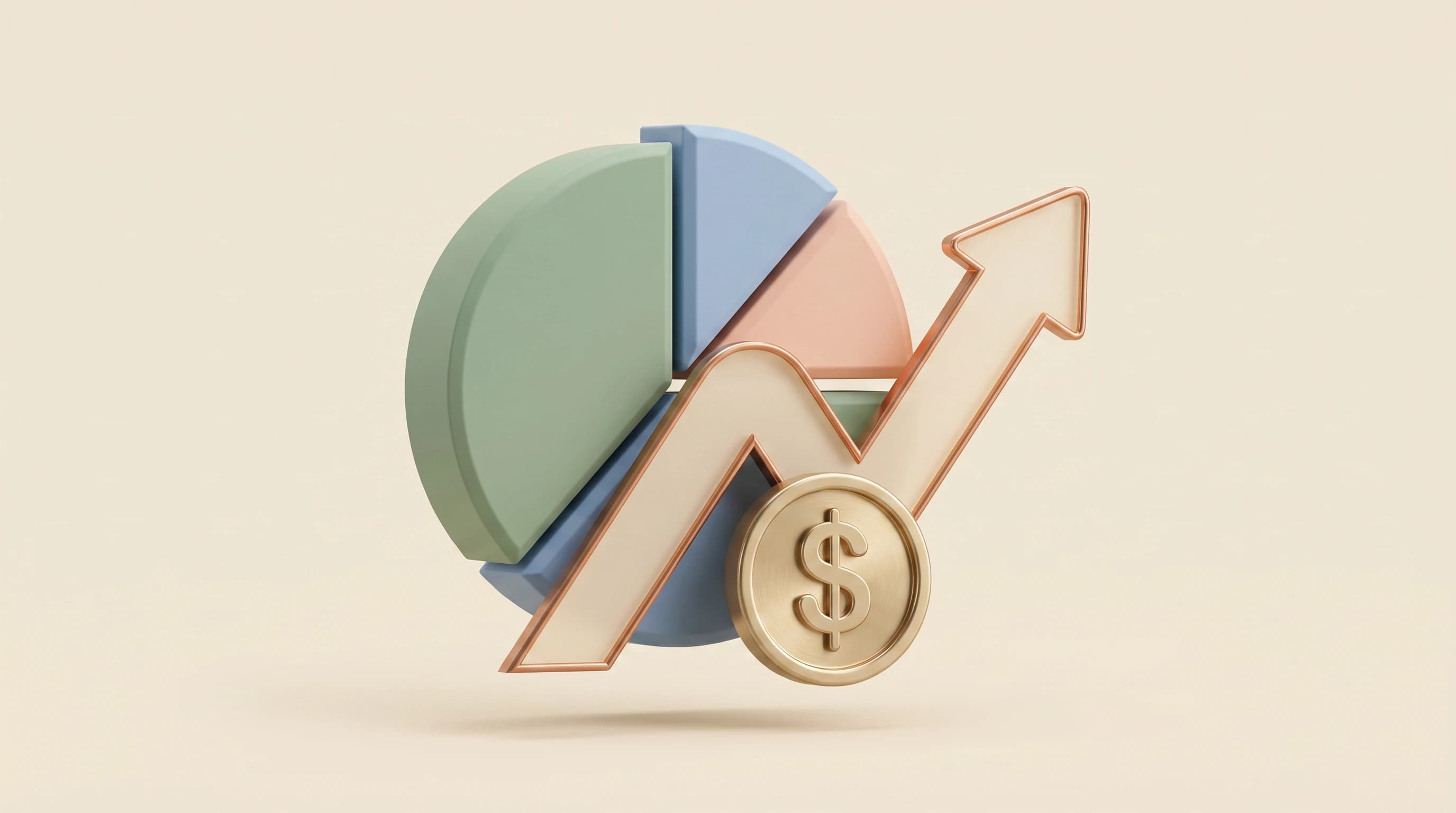 A chunky 3D pie chart interlocking with a curling upward line-graph ribbon and a single embossed dollar coin nested at their base, arranged as a balanced triangular cluster