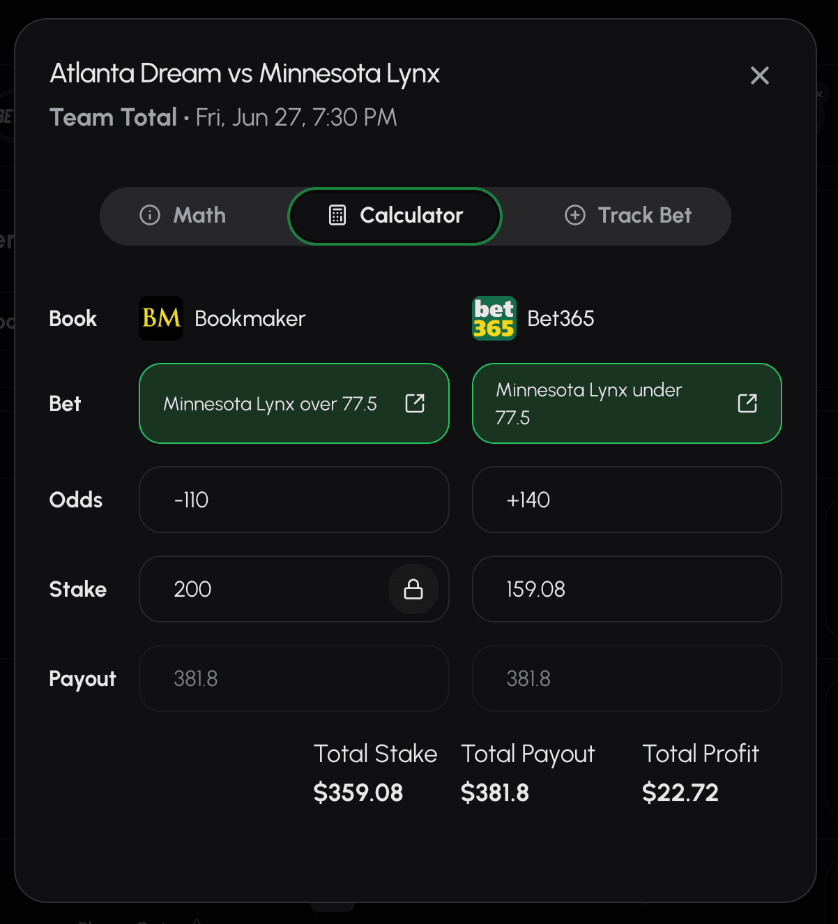 The SmartStake arbitrage calculator modal, allowing users to adjust odds and stakes.