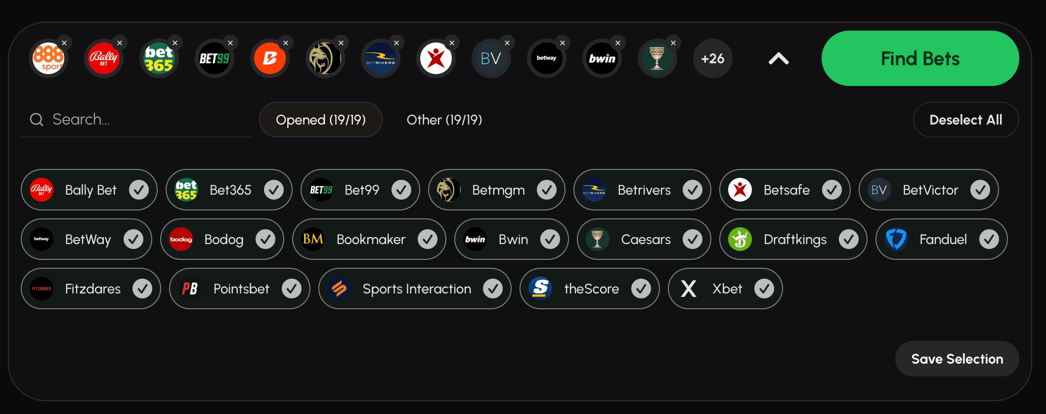 The bookmaker selection dropdown, separated into opened and unopened books.