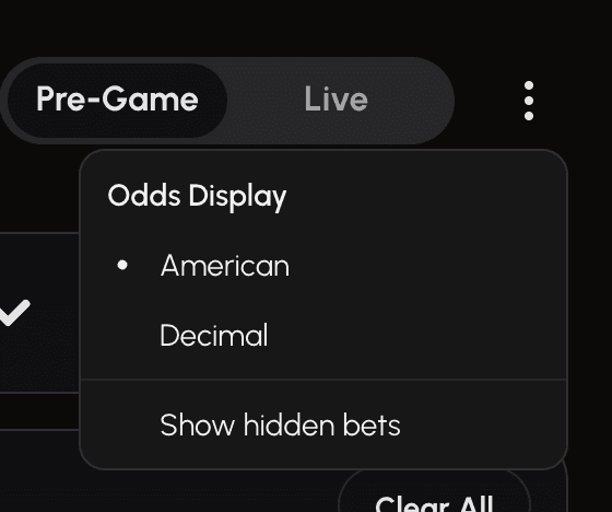 The additional settings menu with options for odds display and hidden bets.