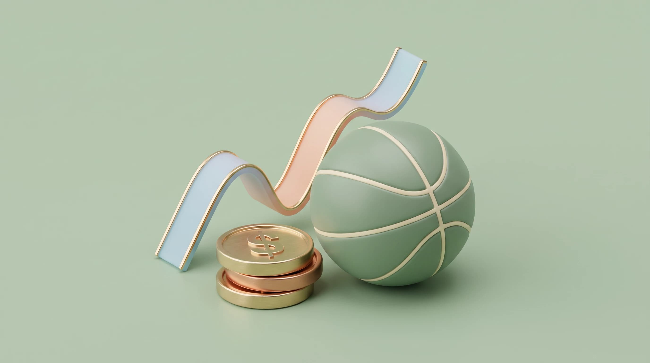 A smooth basketball resting beside a short stack of dollar coins, a curling line-graph ribbon rising gently behind the two objects in a balanced triangular cluster