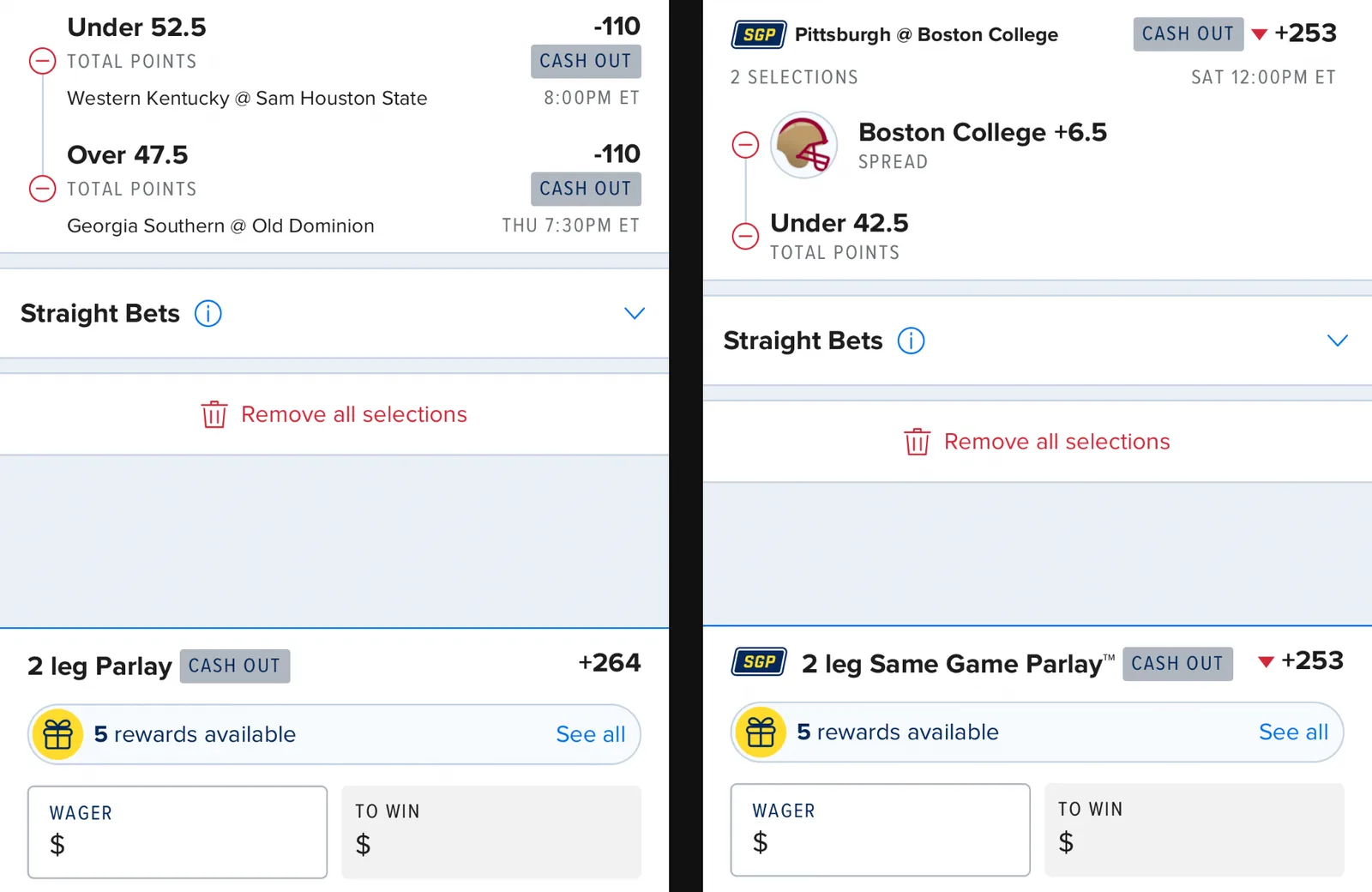 Two sportsbook betslips side by side. Left: a two-leg parlay of Under 52.5 in Western Kentucky at Sam Houston State and Over 47.5 in Georgia Southern at Old Dominion, each at −110, paying +264. Right: a two-leg same-game parlay of Boston College +6.5 and Under 42.5 against Pittsburgh, paying +253.