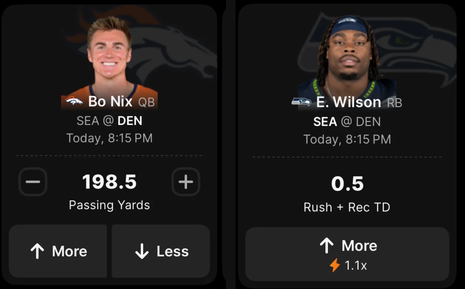 Two Pick6 cards side by side. Left: Bo Nix 198.5 passing yards with both More and Less available. Right: E. Wilson 0.5 rush plus receiving touchdowns with only More available, carrying a 1.1x multiplier.