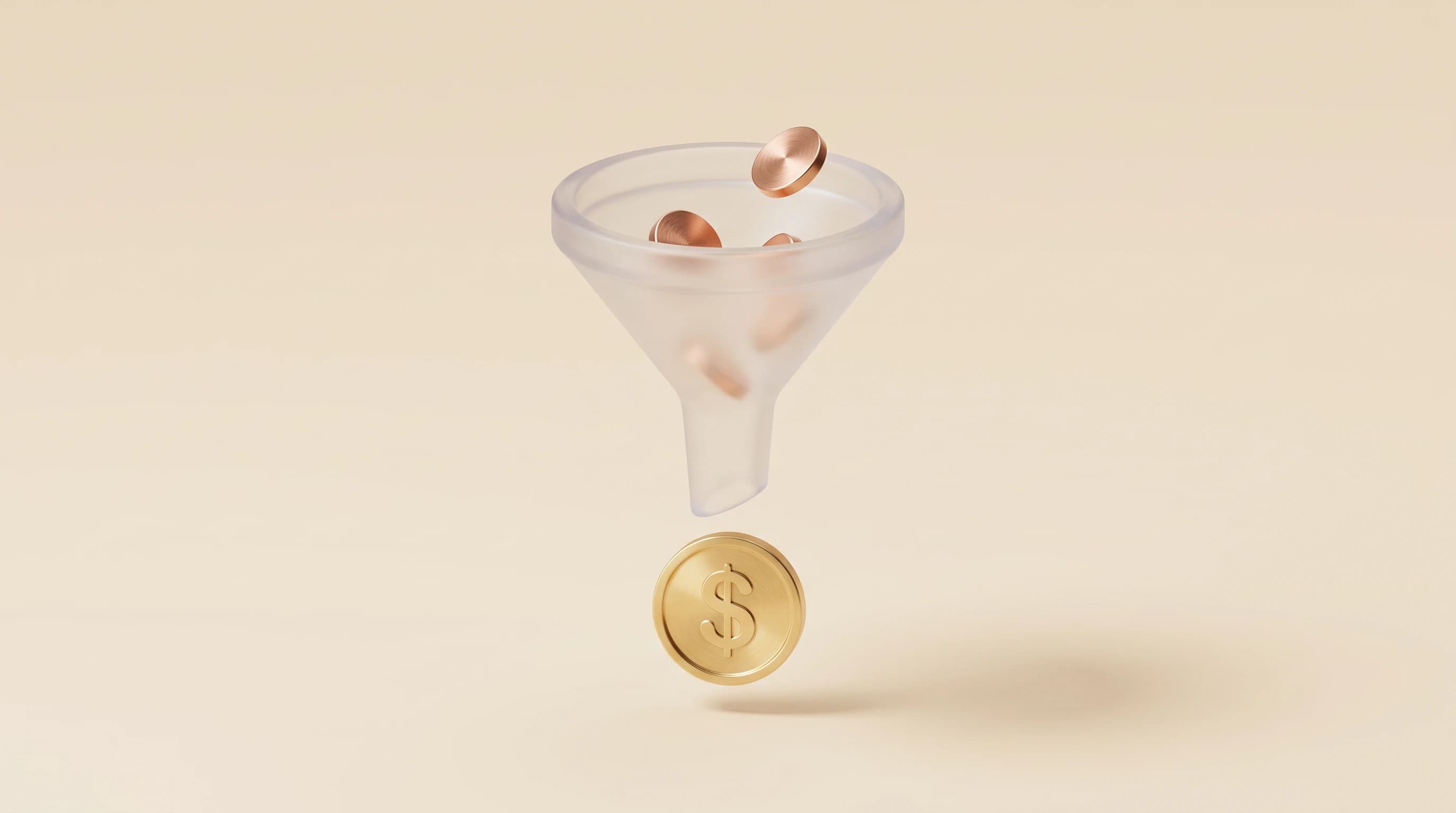 A frosted glass funnel with a few small copper chips caught in its rim, a single clean gold coin resting below the spout