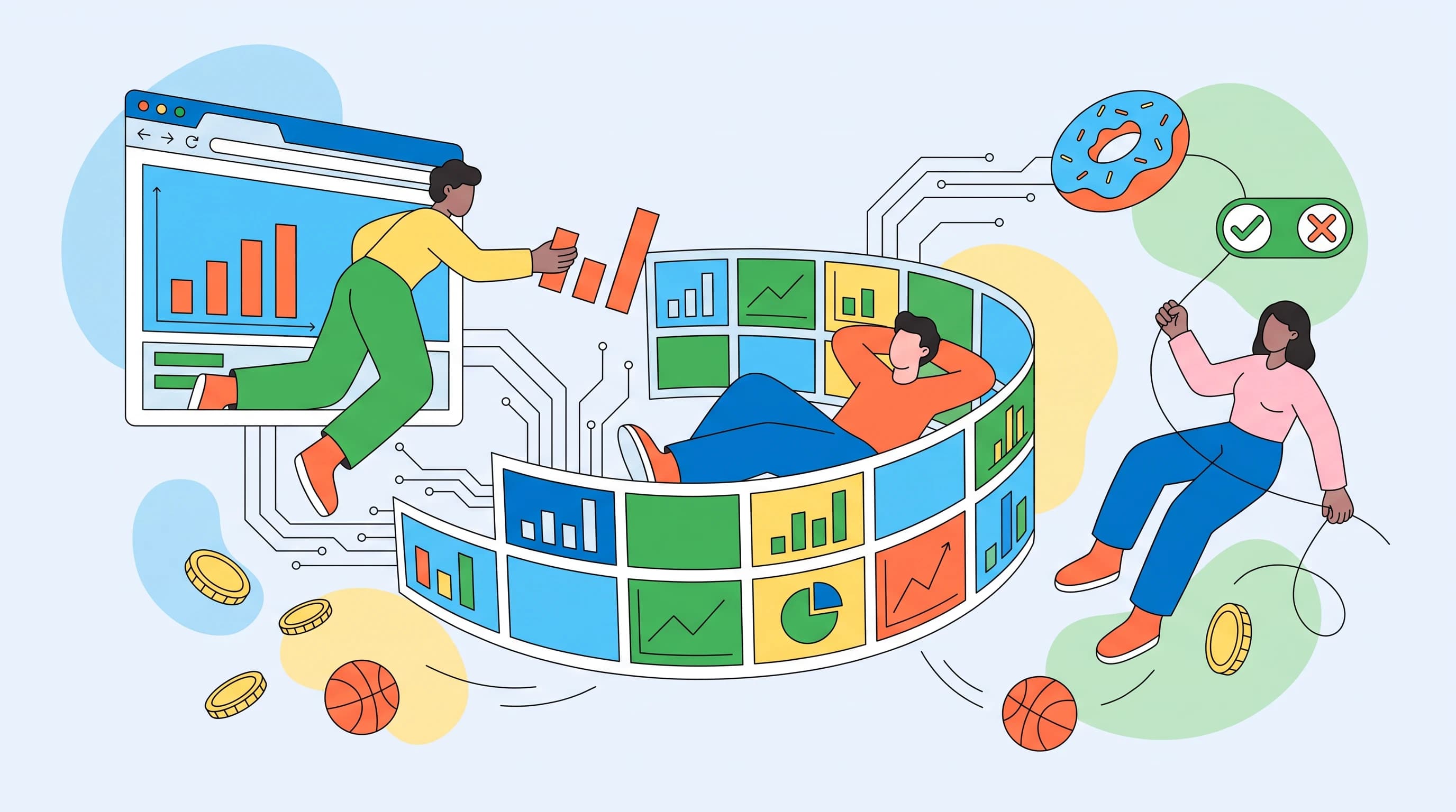 Blank-faced figures float around a curving wall of comparison tiles and a browser window, placing bar-chart pieces among coins and basketballs.