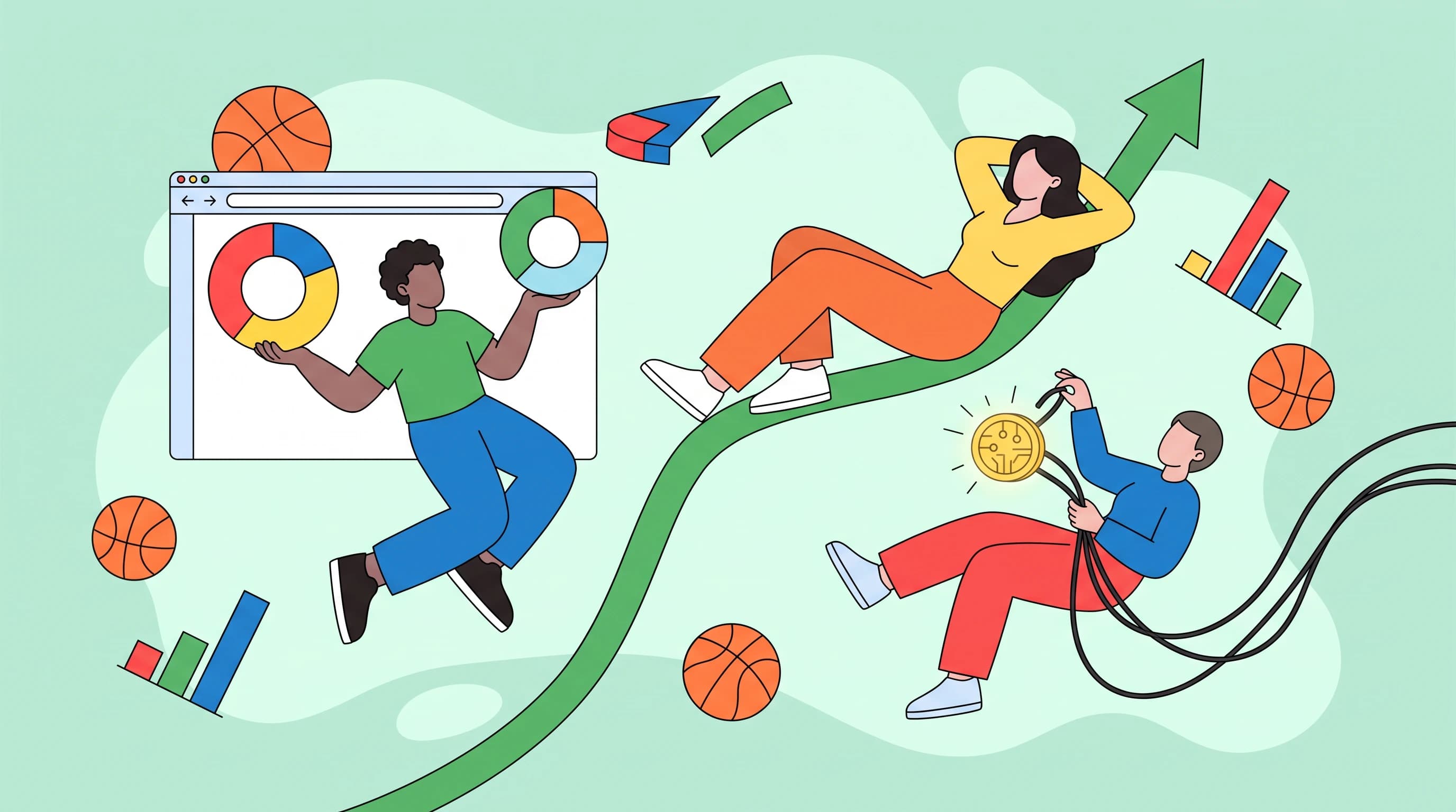 A woman reclines along a steep green line ribbon arcing upward as the central mass, while a man sits inside an open browser window to its left comparing two floating donut charts he cradles in each hand, a third figure drifts weightless threading a glowing coin through looping wires, basketballs and tilted bar-chart slices orbiting over soft rounded negative-space blobs.
