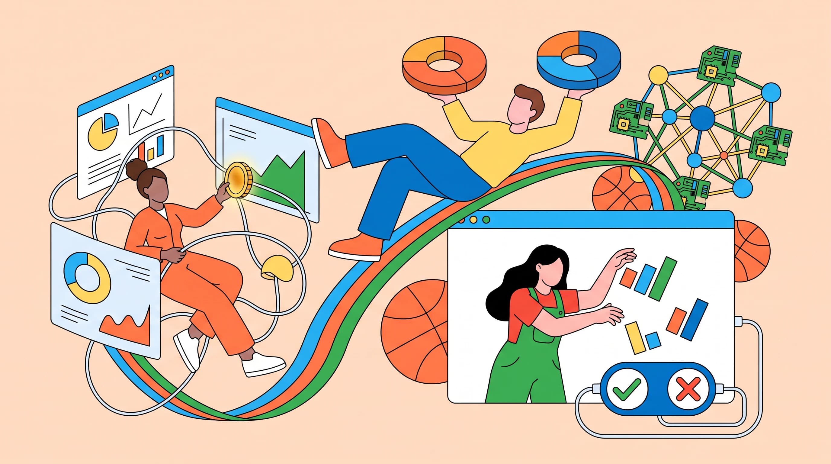 Three blank-faced figures float along a ribbon of lines, one weighing two donut charts, one sorting bar charts above a check and cross toggle, one threading a coin between chart panels.