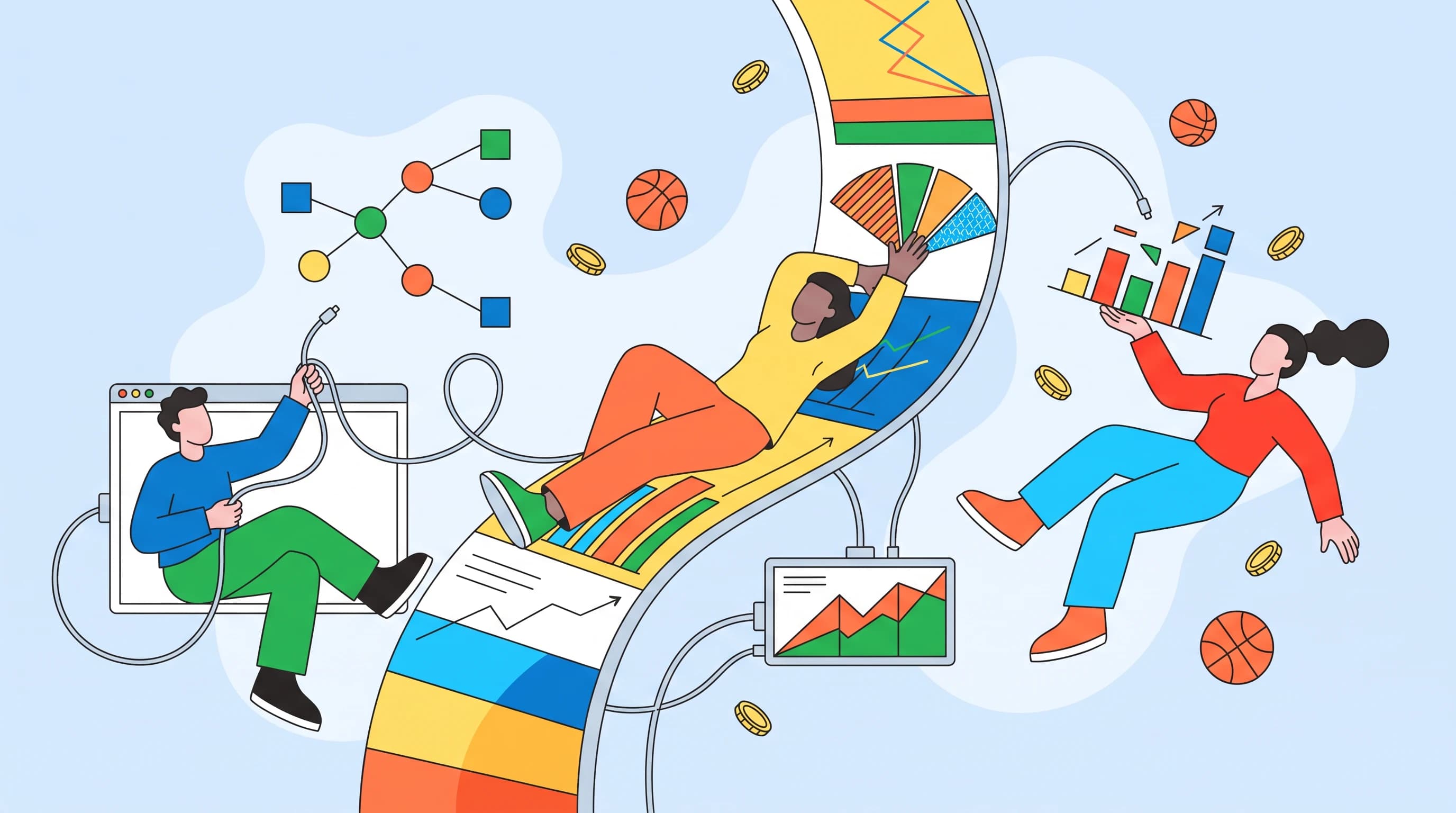 A reclining figure stretches along a soaring probability-ribbon that arcs upward as the central mass, one hand merging contract-price slices into it; a second person sits inside an open browser window threading a looping wire toward a floating node-diagram, while a third drifts weightless balancing a bar-chart fragment, basketballs and coins scattering through the gaps over soft negative-space blobs.